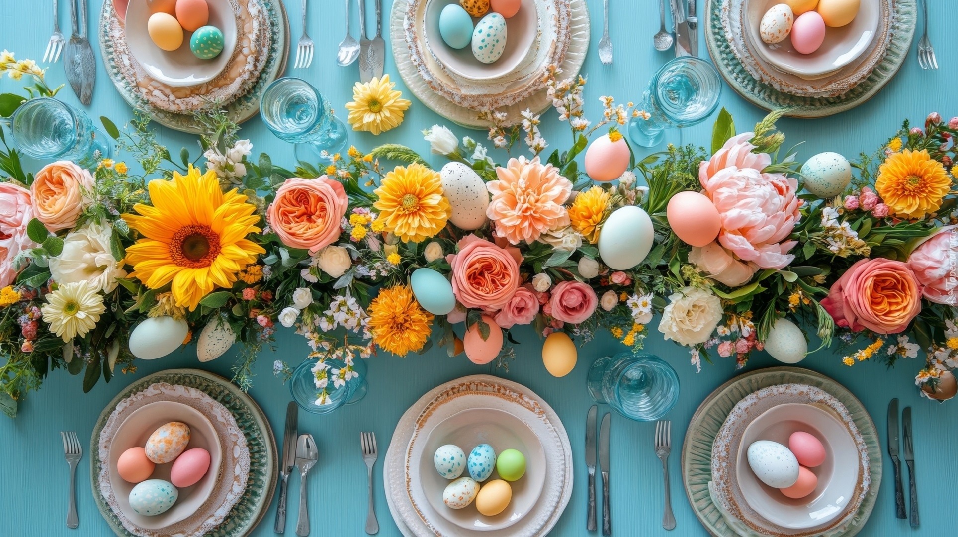Wielkanoc, Stół, Kwiaty, Pisanki, Talerze