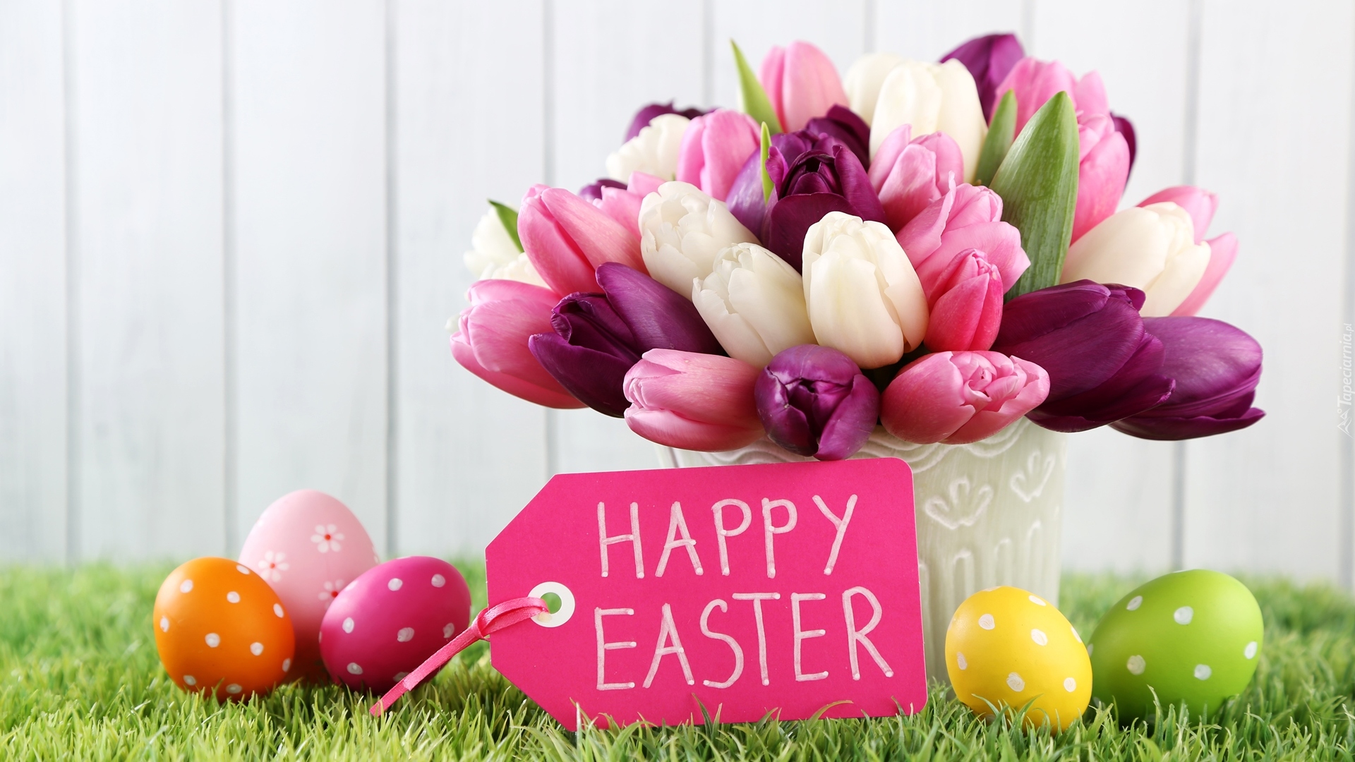 Kompozycja, Wielkanoc, Tulipany, Pisanki, Napis, Happy Easter