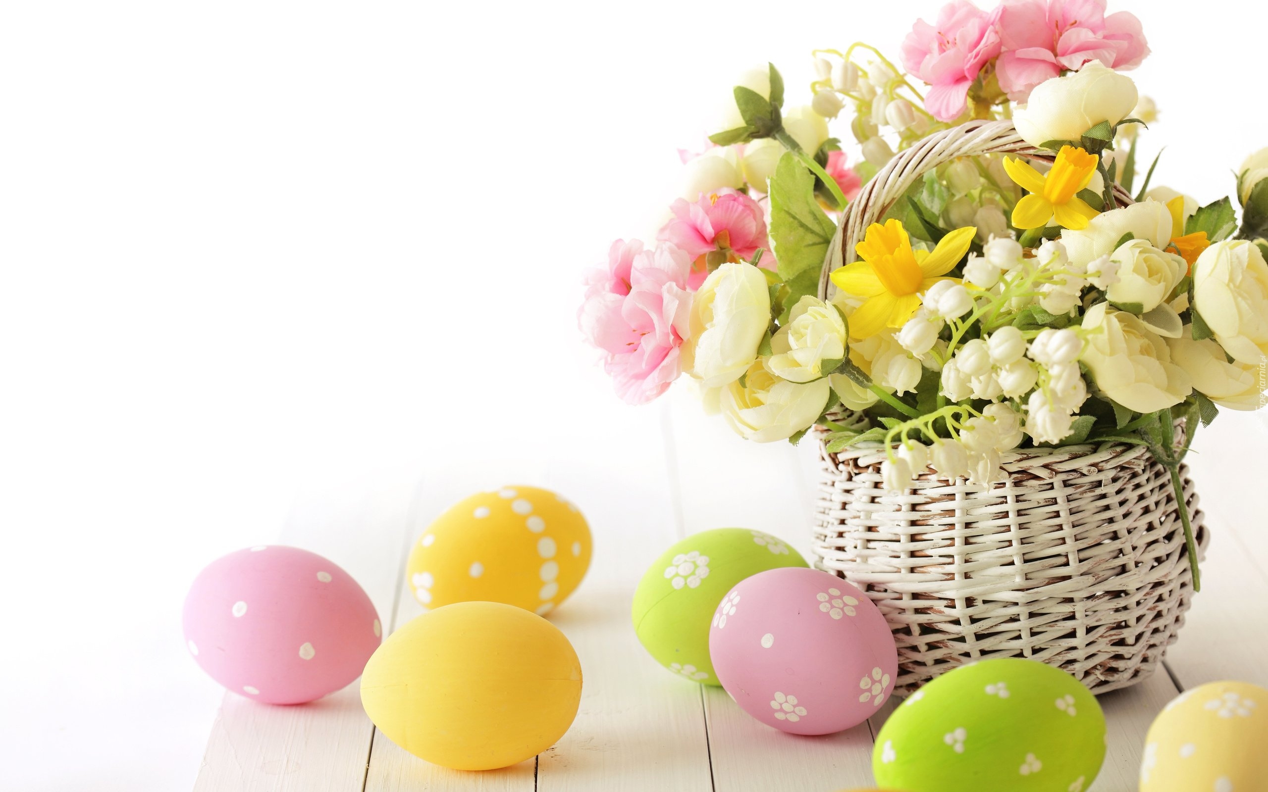 Wielkanoc, Kolorowe, Jajka, Koszyk, Kwiaty