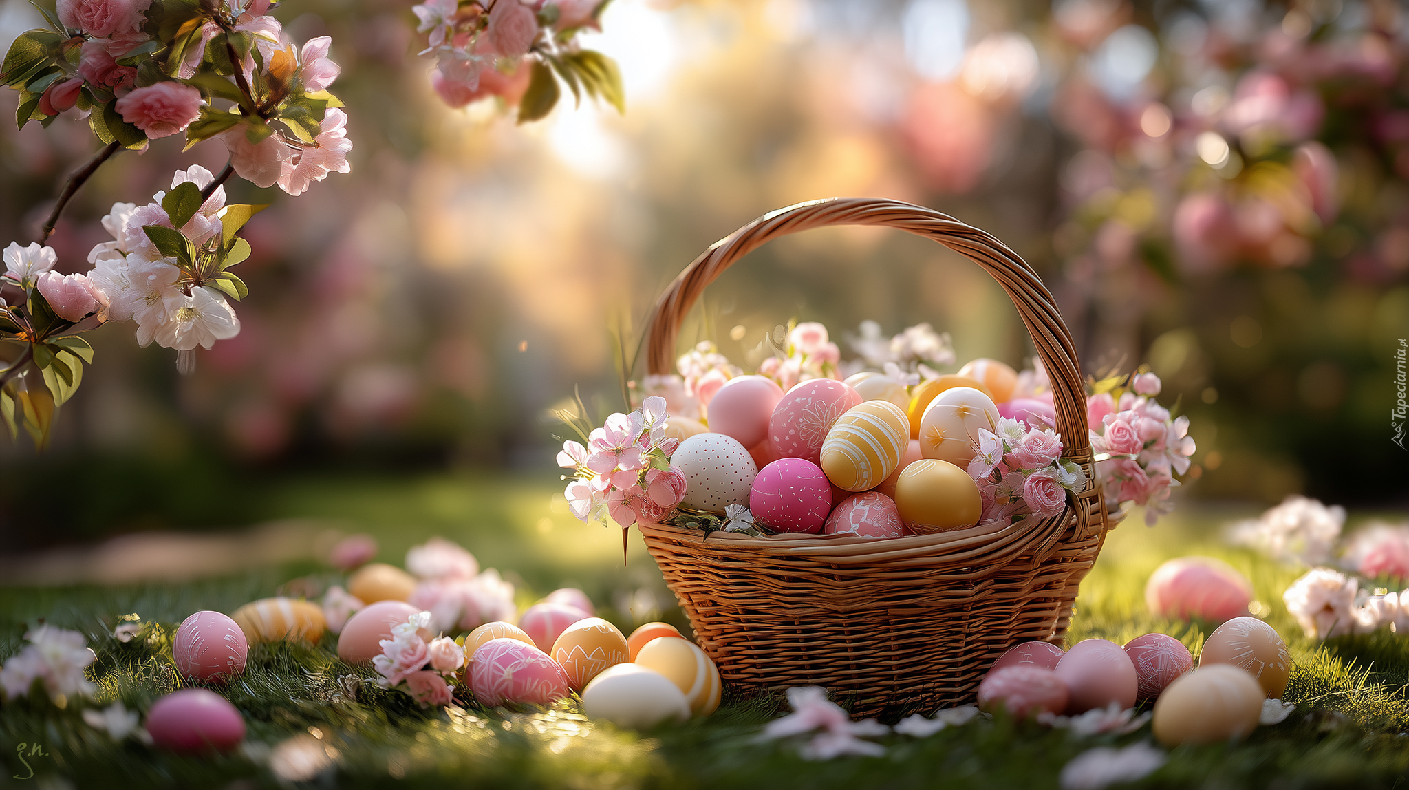 Wielkanoc, Koszyk, Jajka, Pisanki, Kwiaty, Drzewo owocowe, Grafika AI