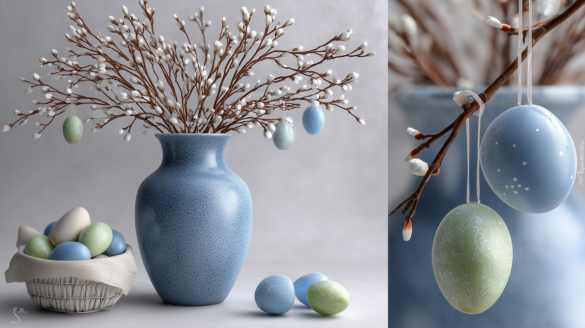 Wielkanoc, Niebieski, Wazon, Bazie, Pisanki, Koszyk, Grafika AI