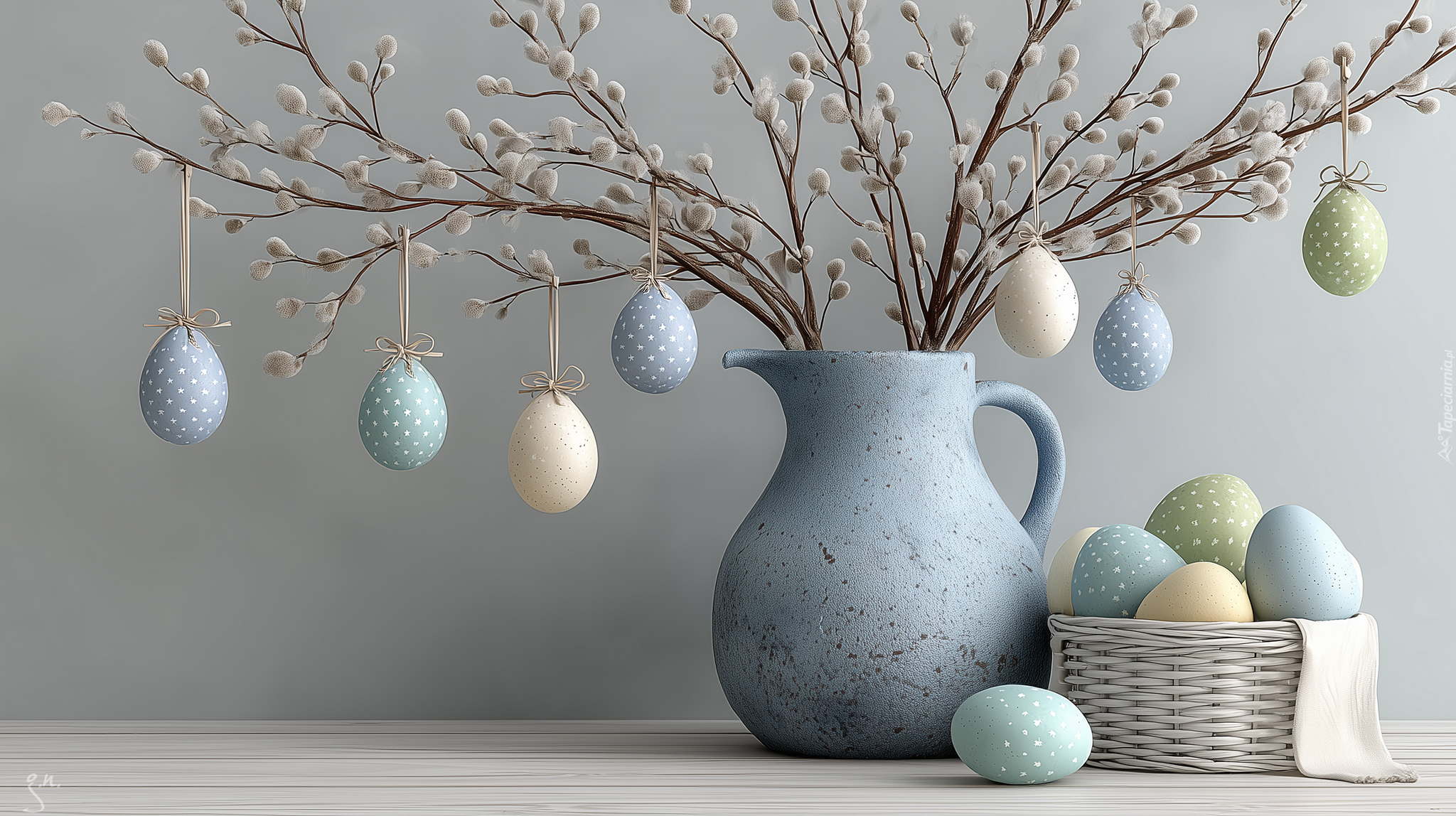 Niebieski, Dzban, Koszyczek, Pisanki, Bazie, Wielkanoc, Grafika AI