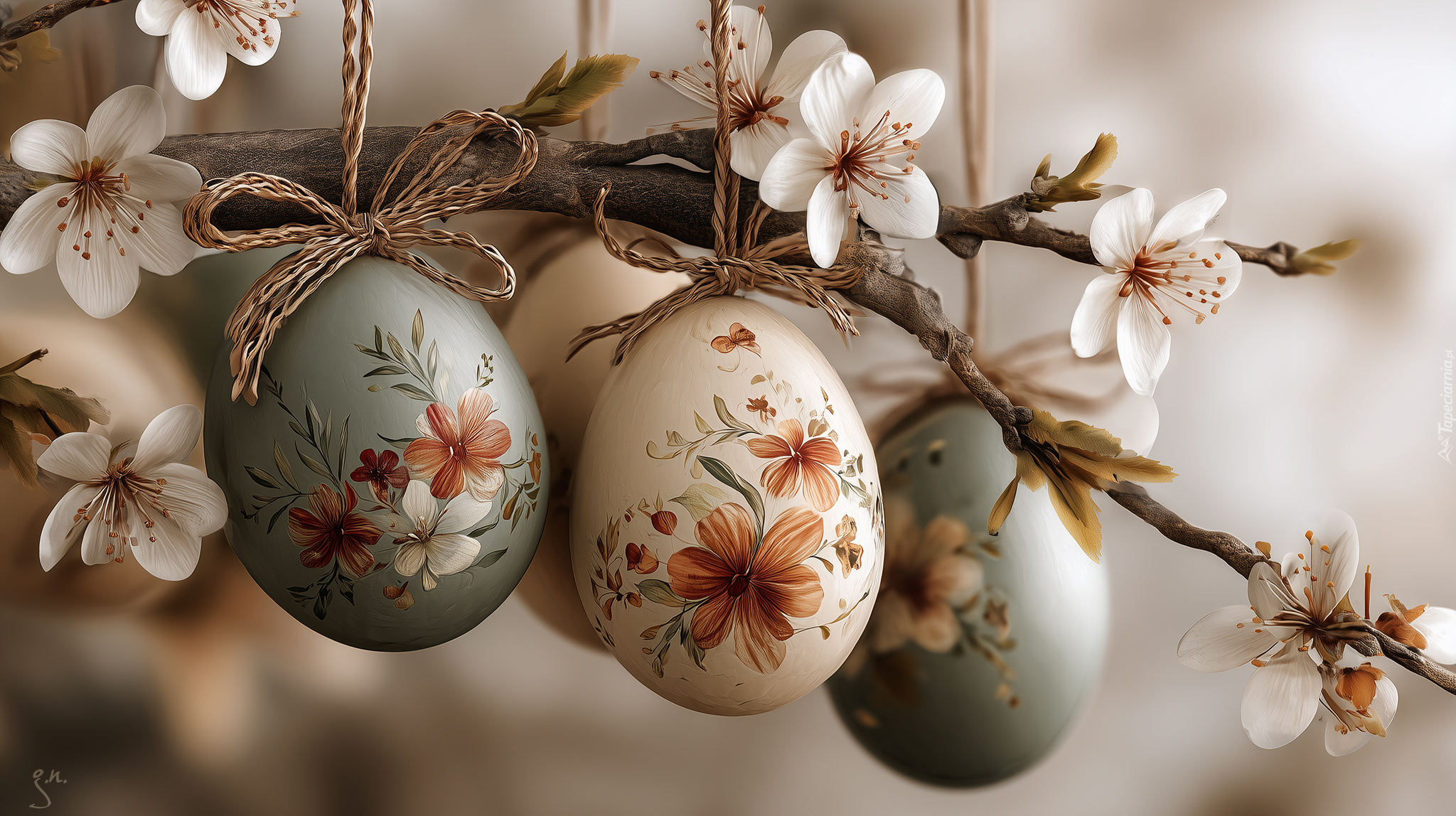Pisanki, Gałązka, Białe, Kwiaty, Styl, Rustykalny, Wielkanoc, Grafika AI