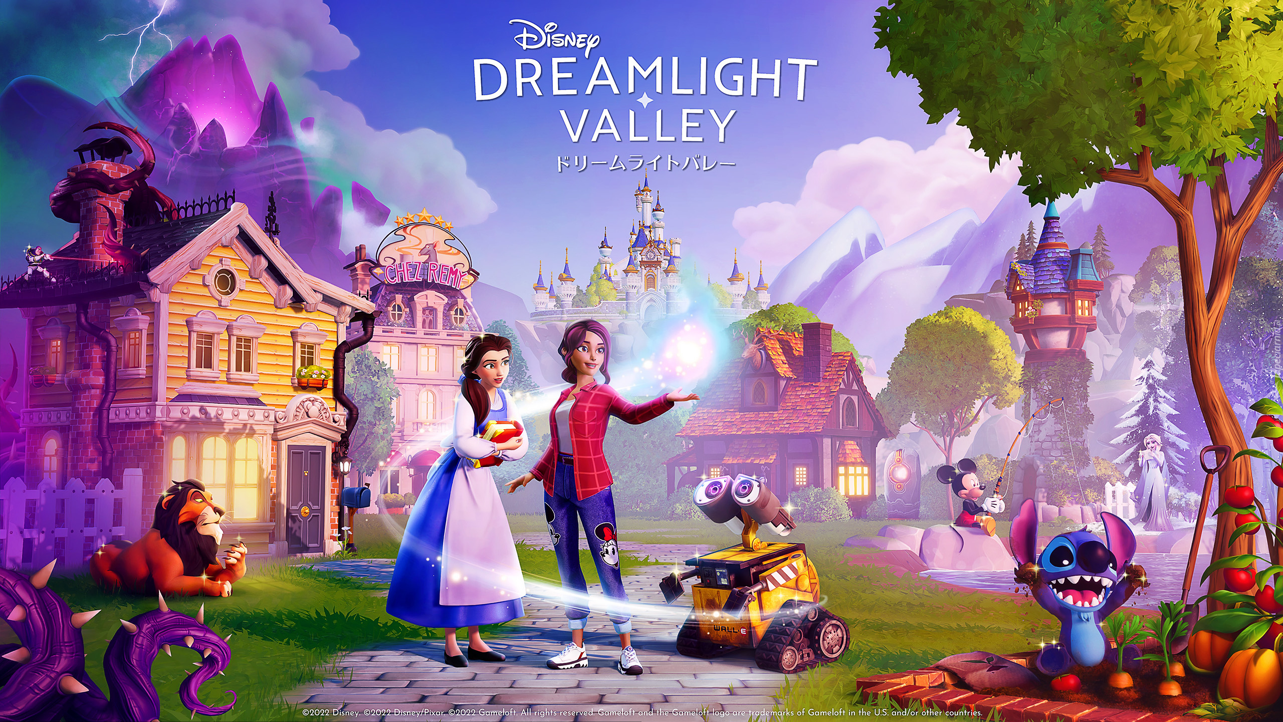 Gra, Disney Dreamlight Valley, Postacie, Lew, Śnieżka, Mickey, Domy, Zamek, Plakat