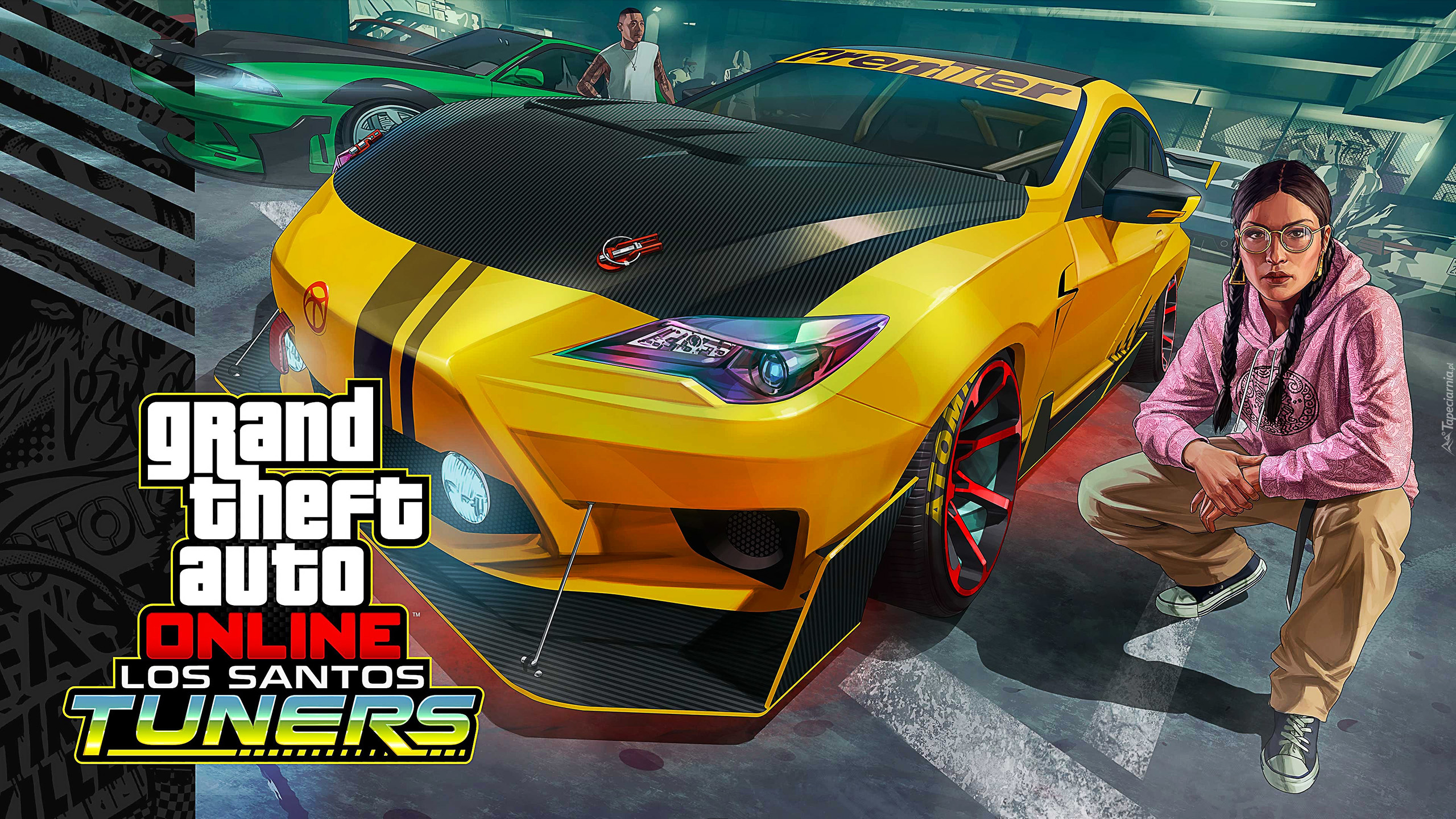 Gra, GTA Online Los Santos Tuners, Samochód, Sportowy, Żółty, Kobieta, Plakat