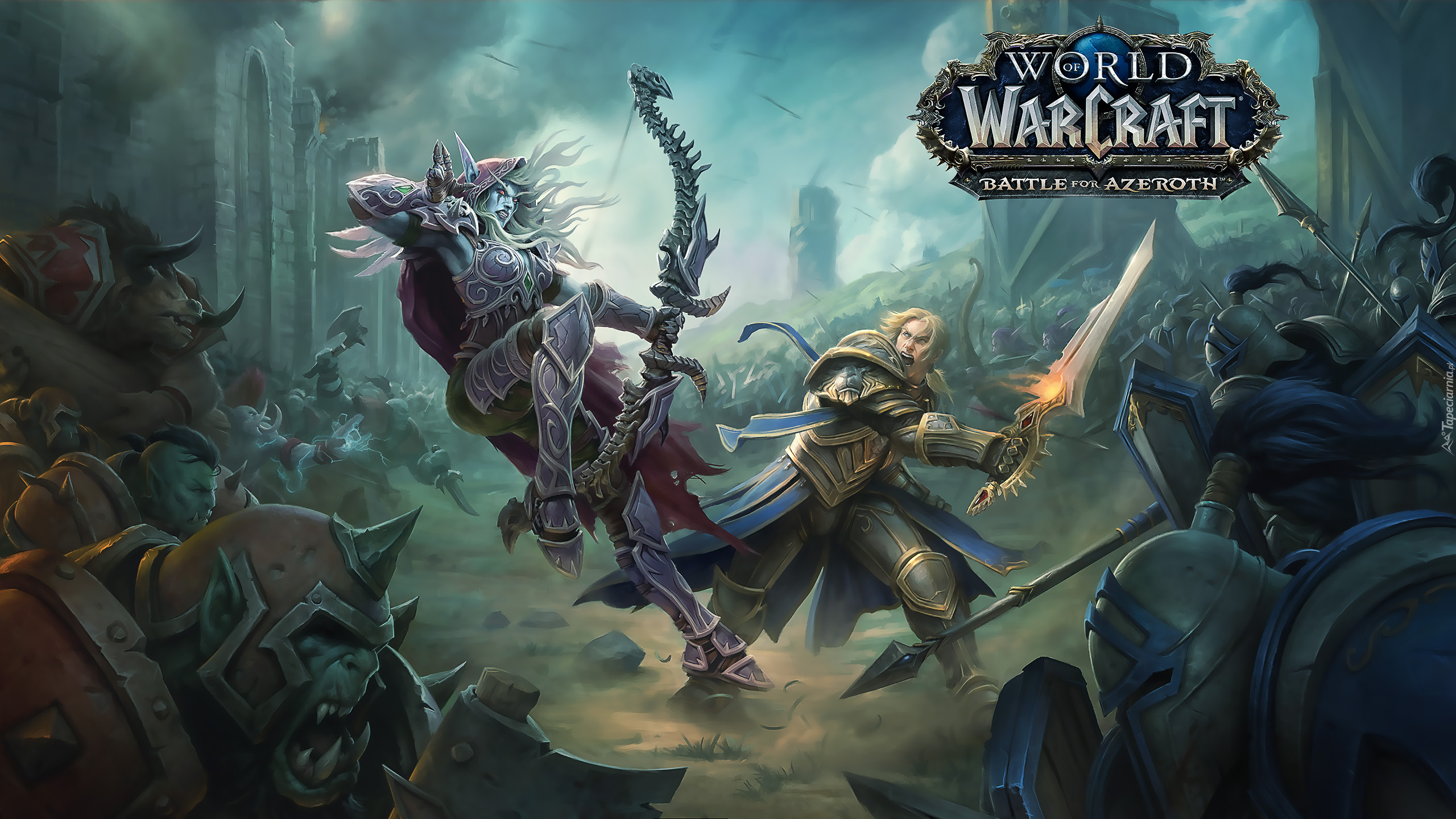 Gra, World of Warcraft Battle for Azeroth, Postacie, Sylvanas Windrunner, Anduin Wrynn, Rycerze, Łuk, Miecz, Walka, Plakat