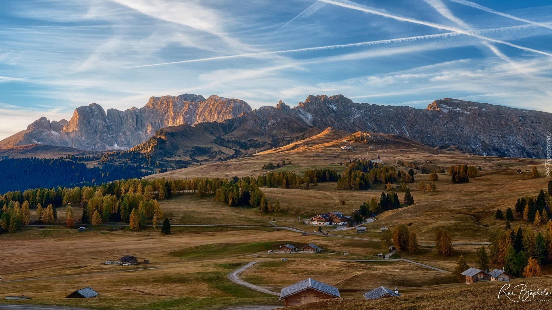 Góry, Dolomity, Drogi, Domy, Drzewa, Płaskowyż Seiser Alm, Włochy