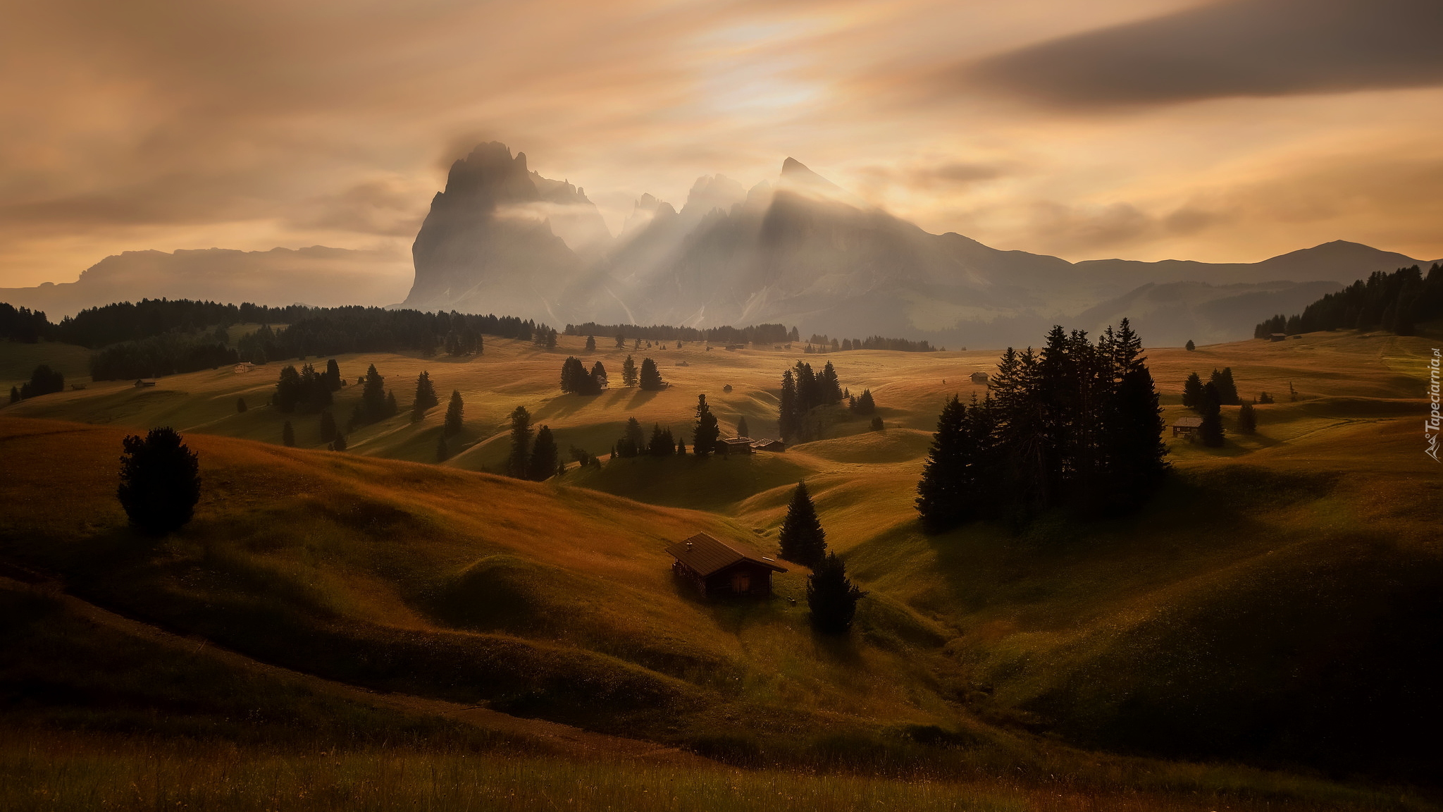 Płaskowyż Seiser Alm, Góry Sassolungo, Dolomity, Wzgórza, Dolina Val Gardena, Wschód słońca, Domy, Drzewa, Włochy