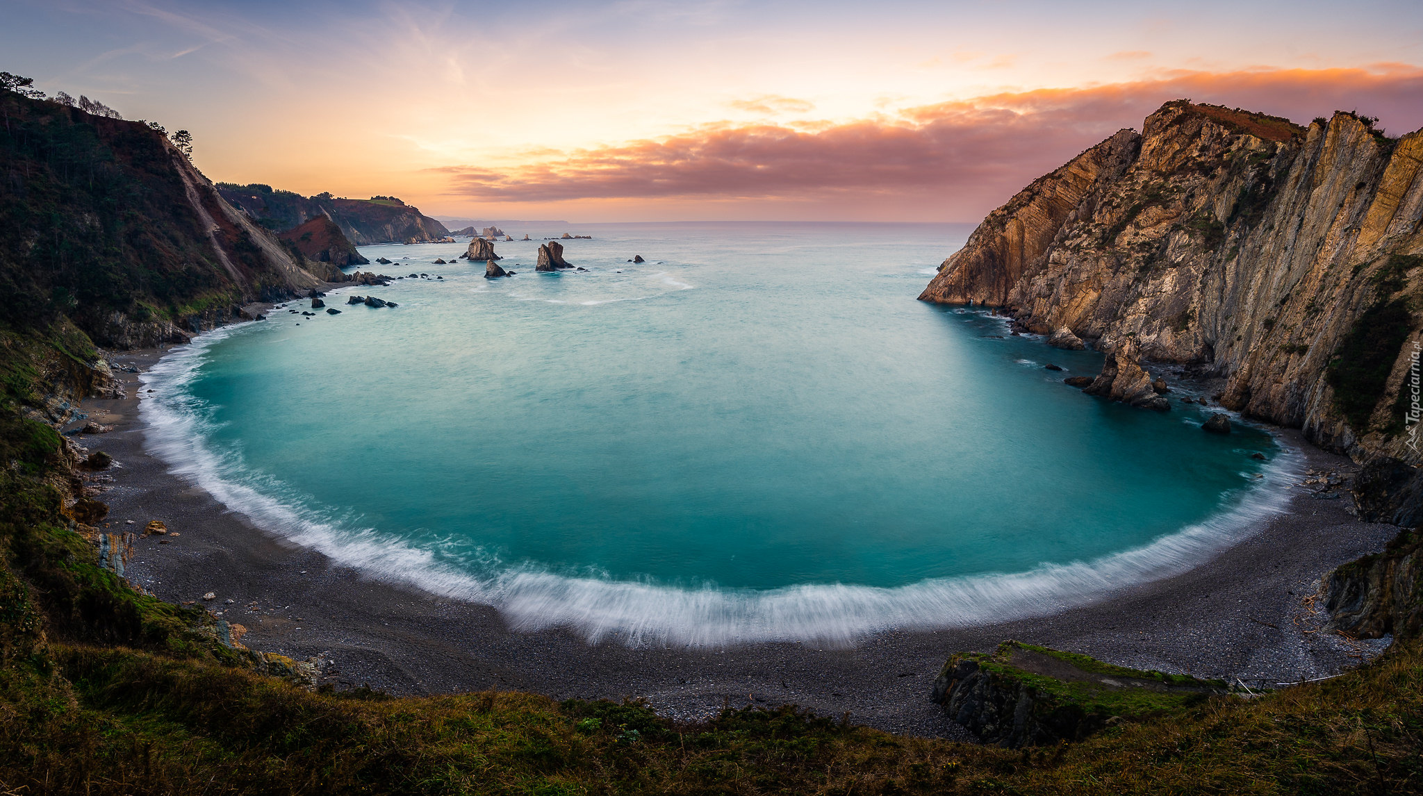 Morze, Zachód słońca, Góry, Skały, Plaża, Playa del Silencio, Asturia, Hiszpania