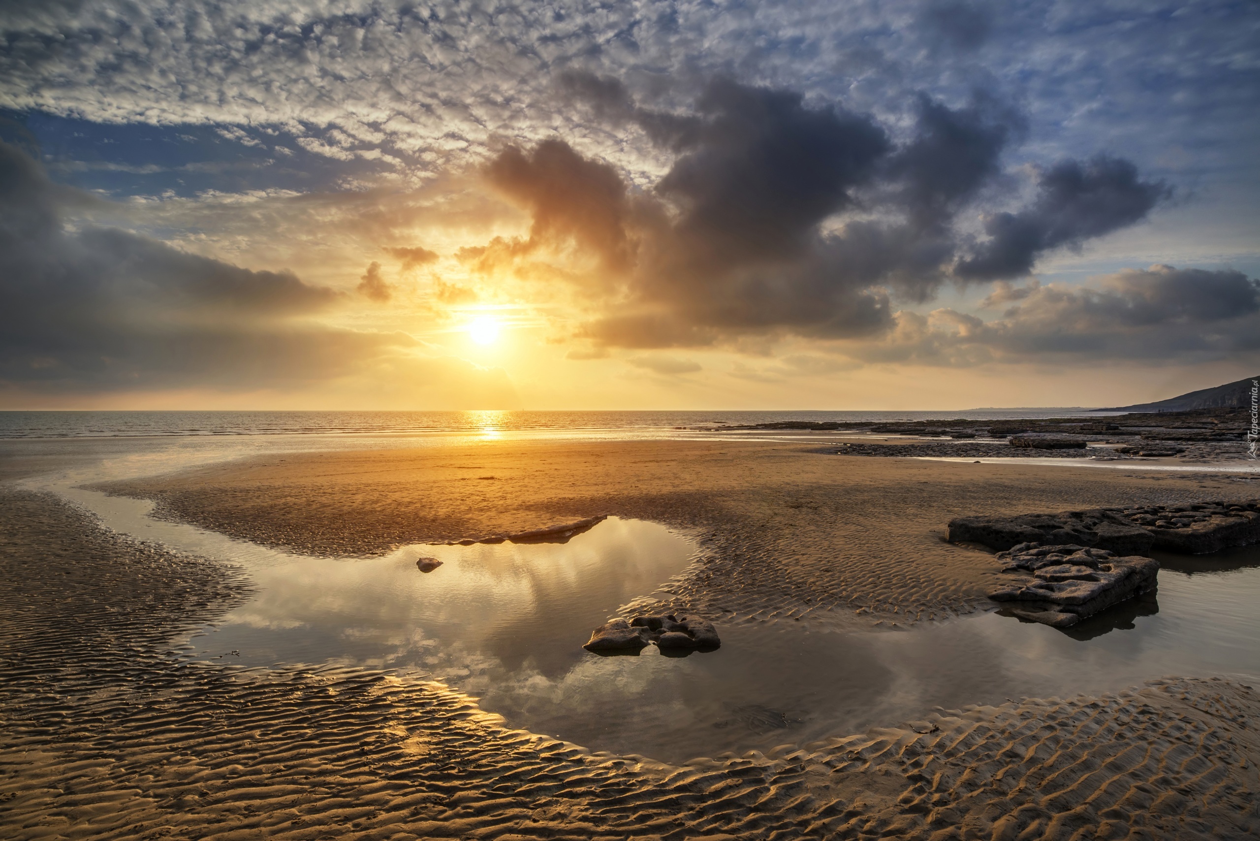 Plaża Dunraven Bay, Walia, Morze, Zachód słońca