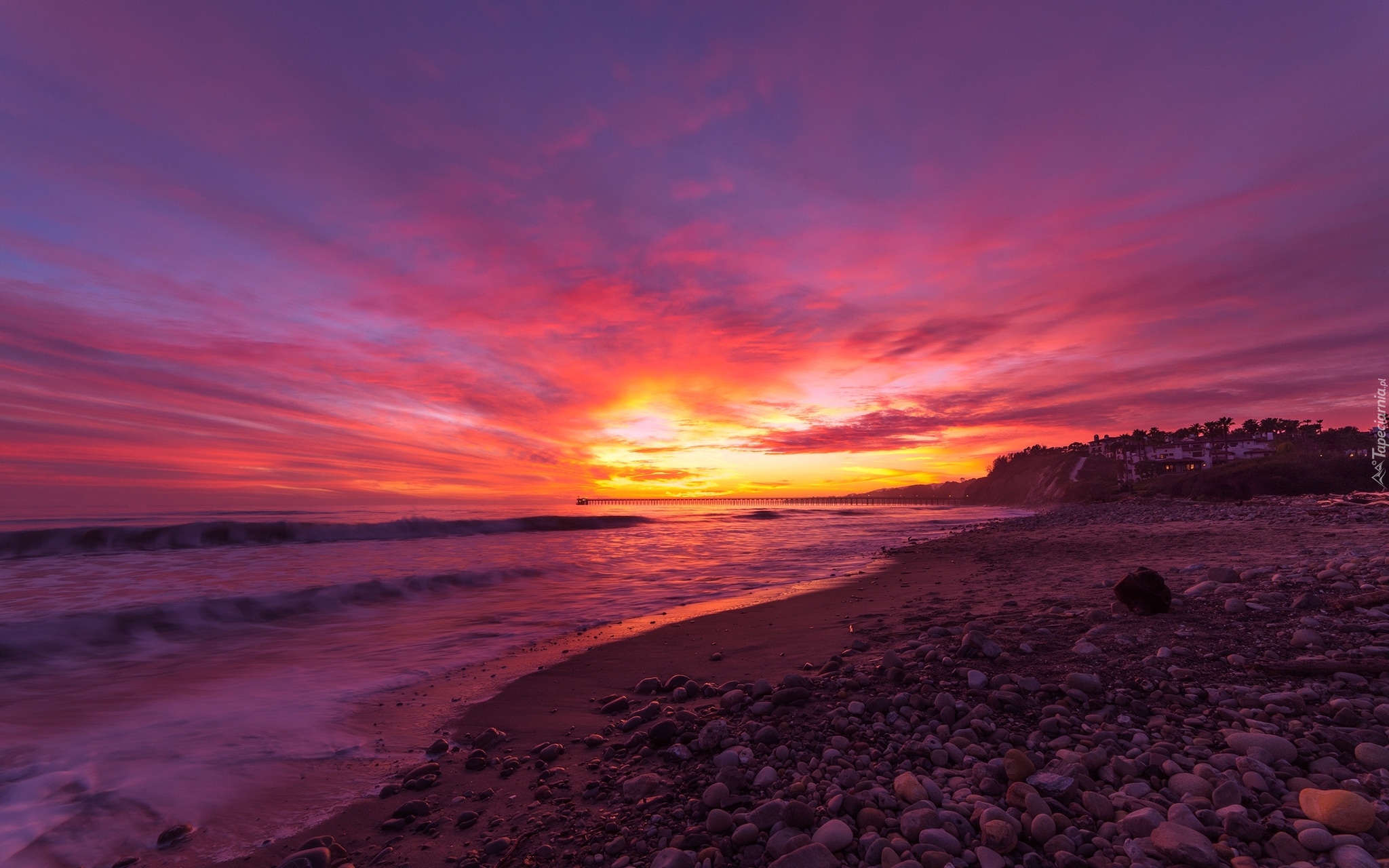 Morze, Plaża, El Capitan State Beach, Kamienie, Molo, Zachód słońca, Santa Barbara, Stan Kalifornia, Stany Zjednoczone