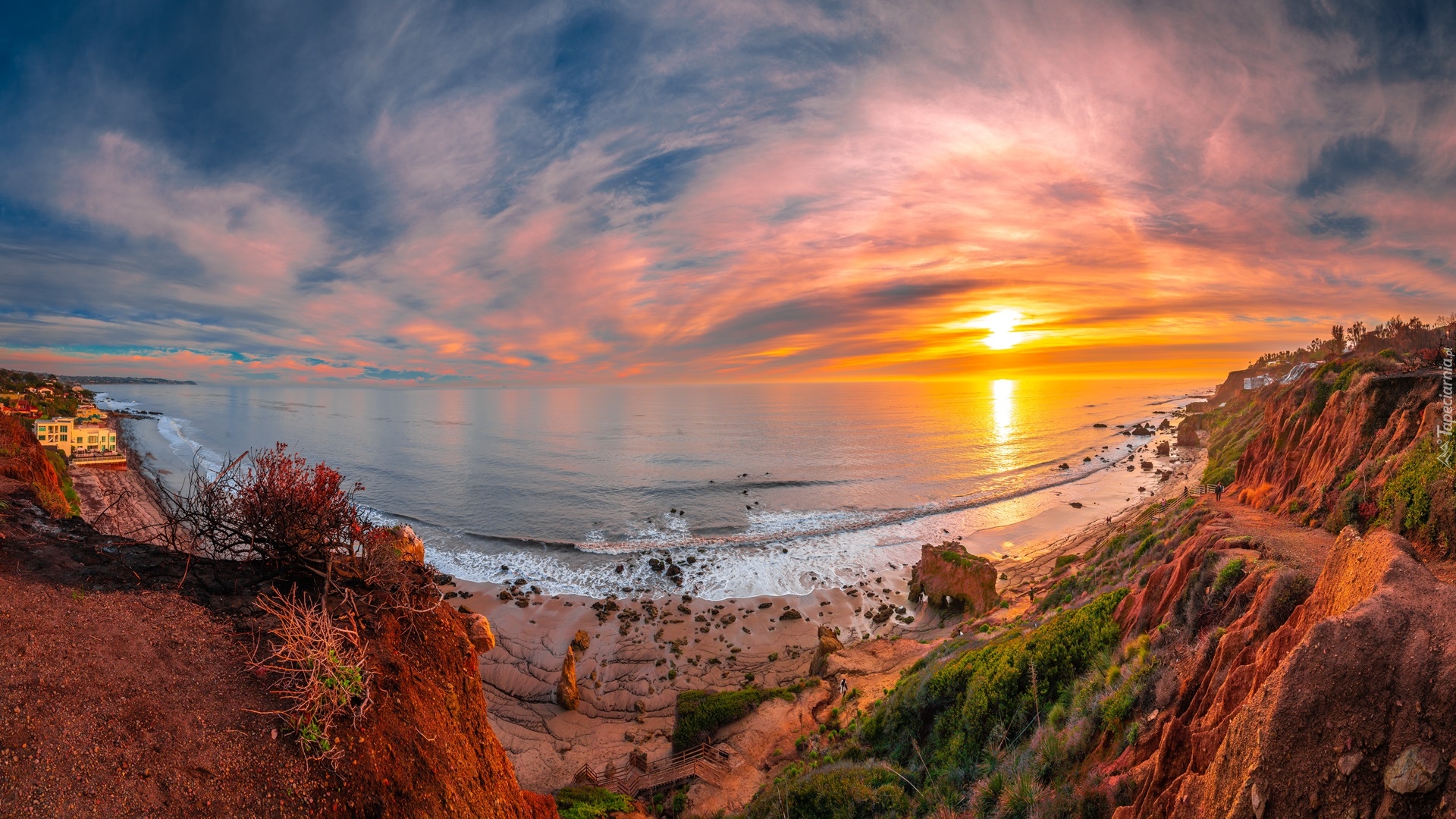 Stany Zjednoczone, Malibu, Plaża, El Matador Beach, Morze, Wybrzeże, Wschód słońca