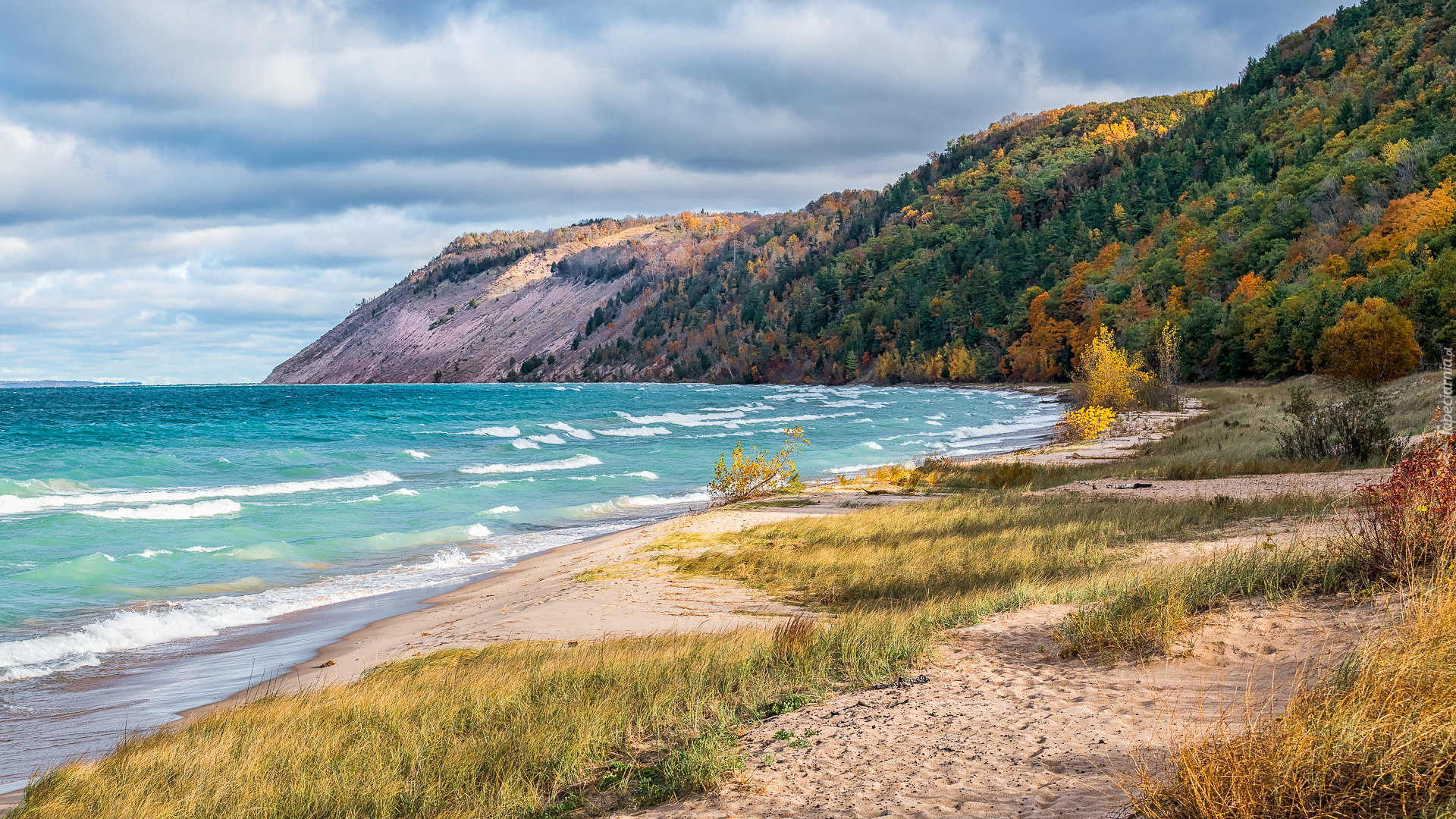 Plaża, Esch Beach, Trawy, Góry, Jezioro, Lake Michigan, Stan Michigan, Stany Zjednoczone