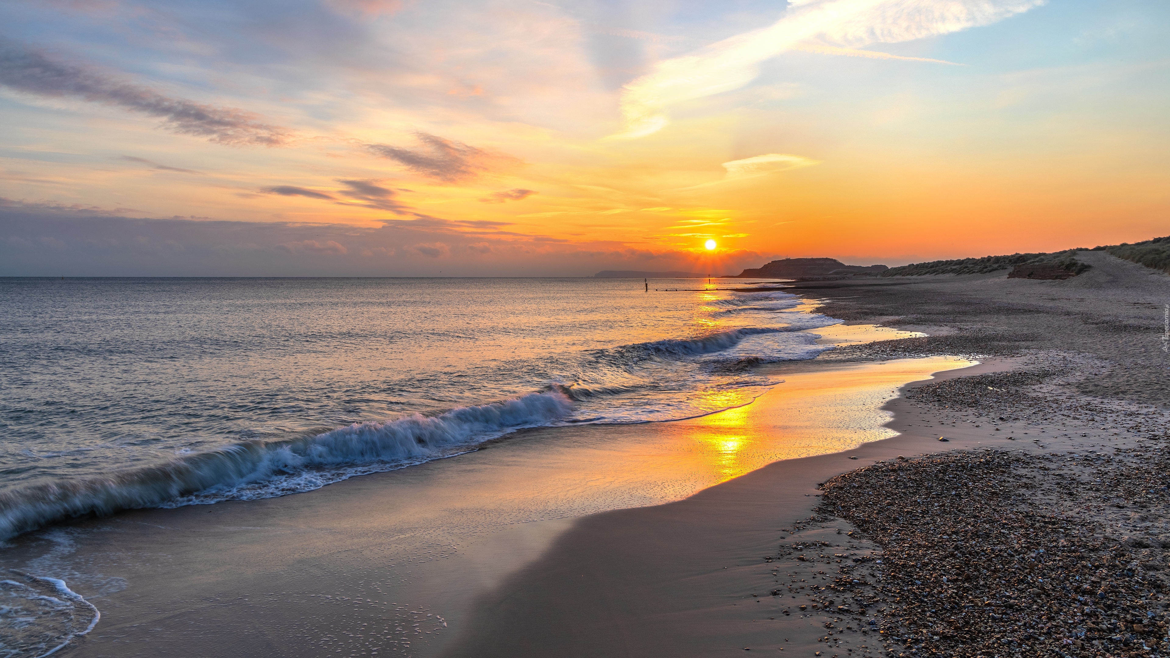 Morze, Brzeg, Plaża, Kamienie, Niebo, Zachód słońca