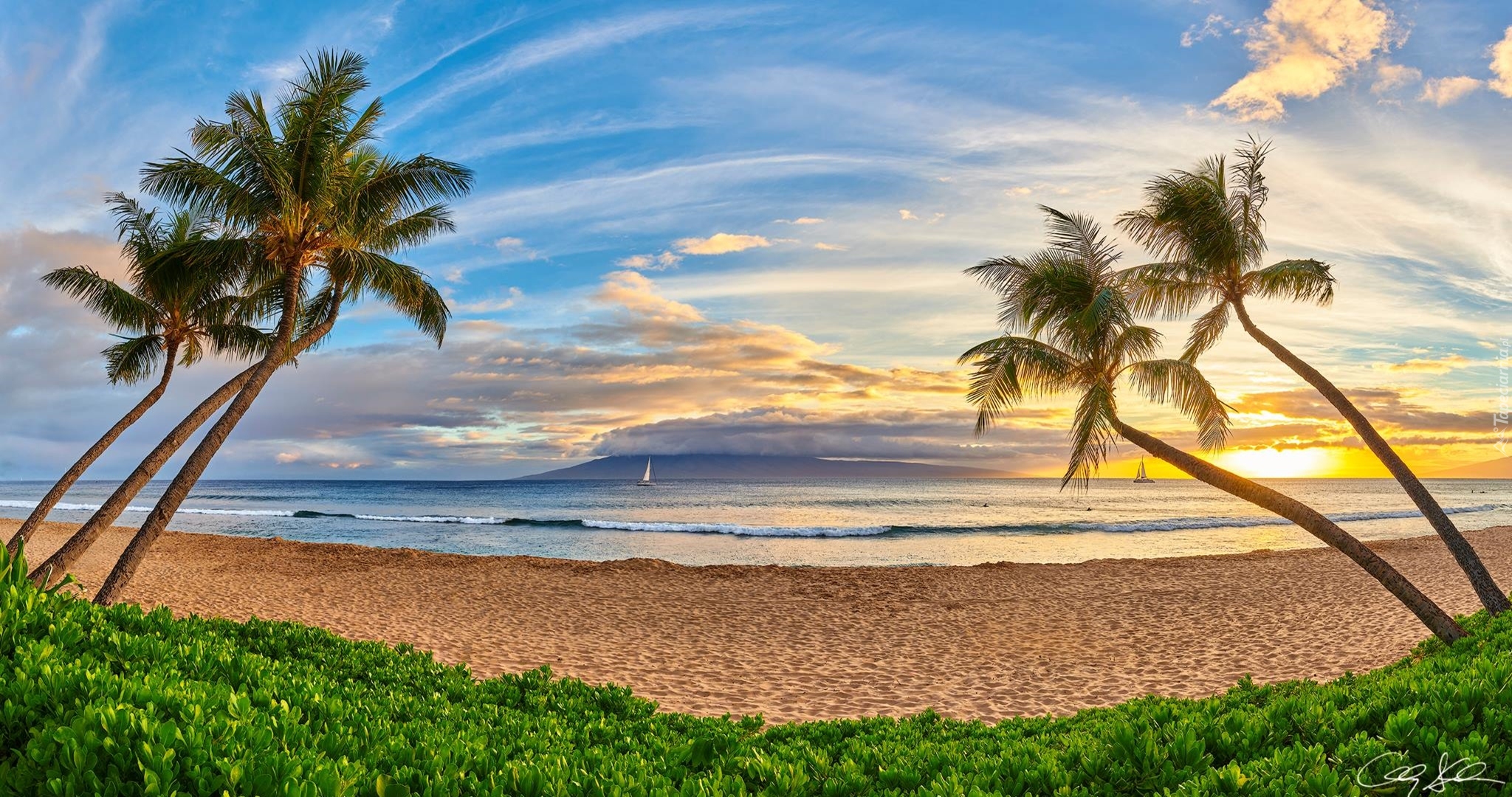 Hawaje, Wyspa Maui, Plaża Kaanapali Beach, Palmy, Roślinność, Wschód słońca, Chmury, Żaglówki