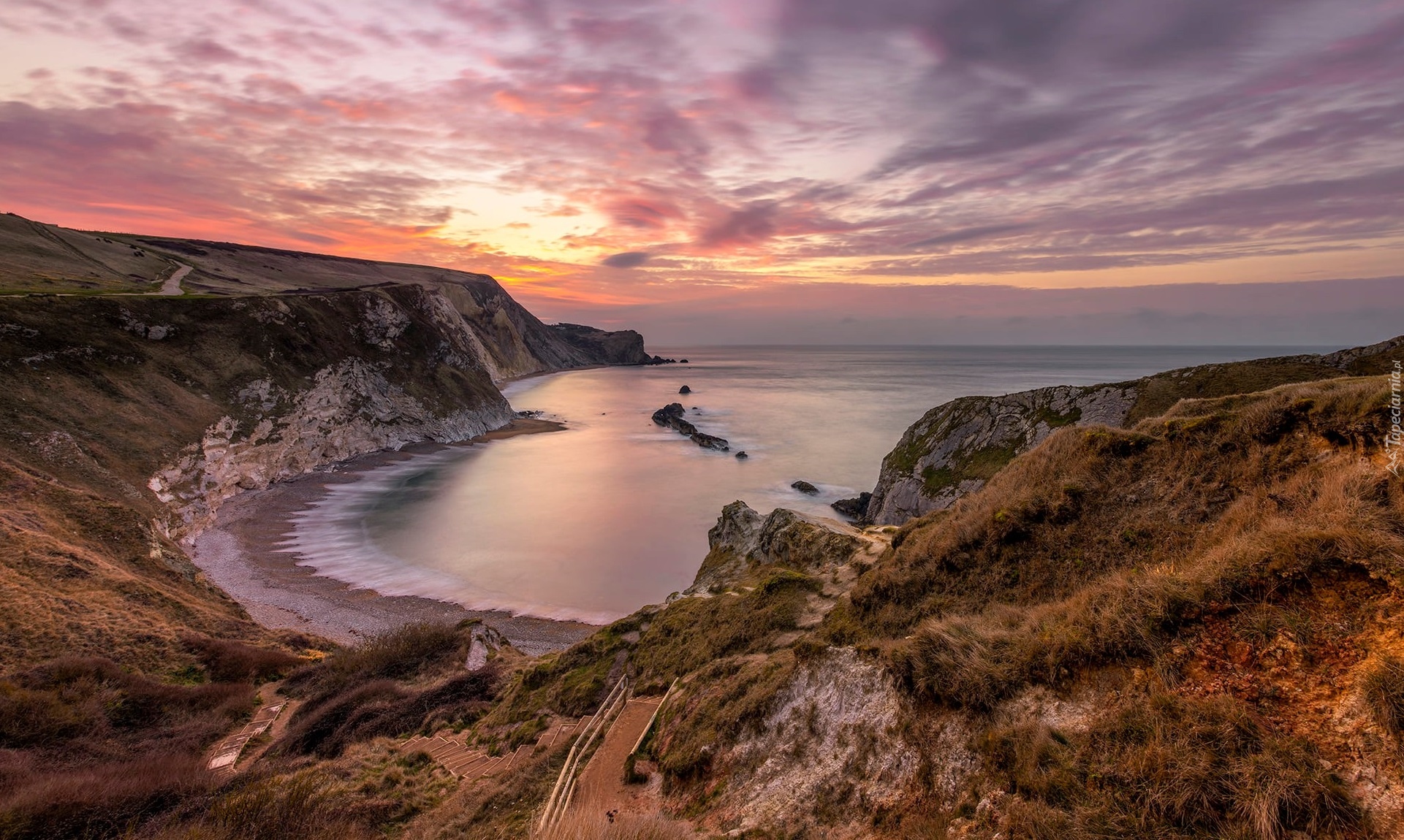 Morze, Wybrzeże, Zatoka, Plaża, Man OWar Beach, Zachód słońca, Chmury, Hrabstwo Dorset, Anglia