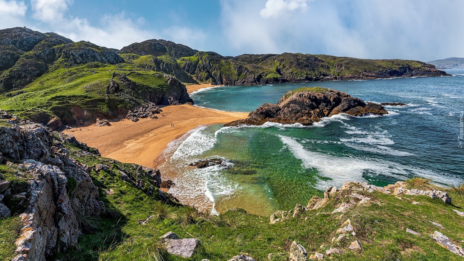 Morze, Wybrzeże, Plaża, Murder Hole Beach, Skały, Roślinność, Półwysep Rosguill, Hrabstwo Donegal, Irlandia