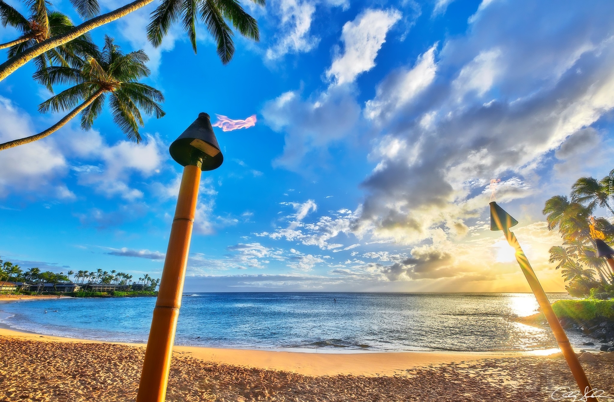 Hawaje, Wyspa Maui, Morze, Plaża, Palmy, Wschód słońca, Chmury