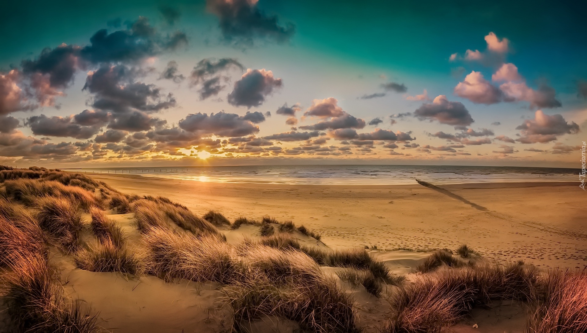 Belgia, Zachodnia Flandria, Lombardsijde, Morze Północne, Plaża, Wydmy, Trawa, Zachód słońca, Chmury