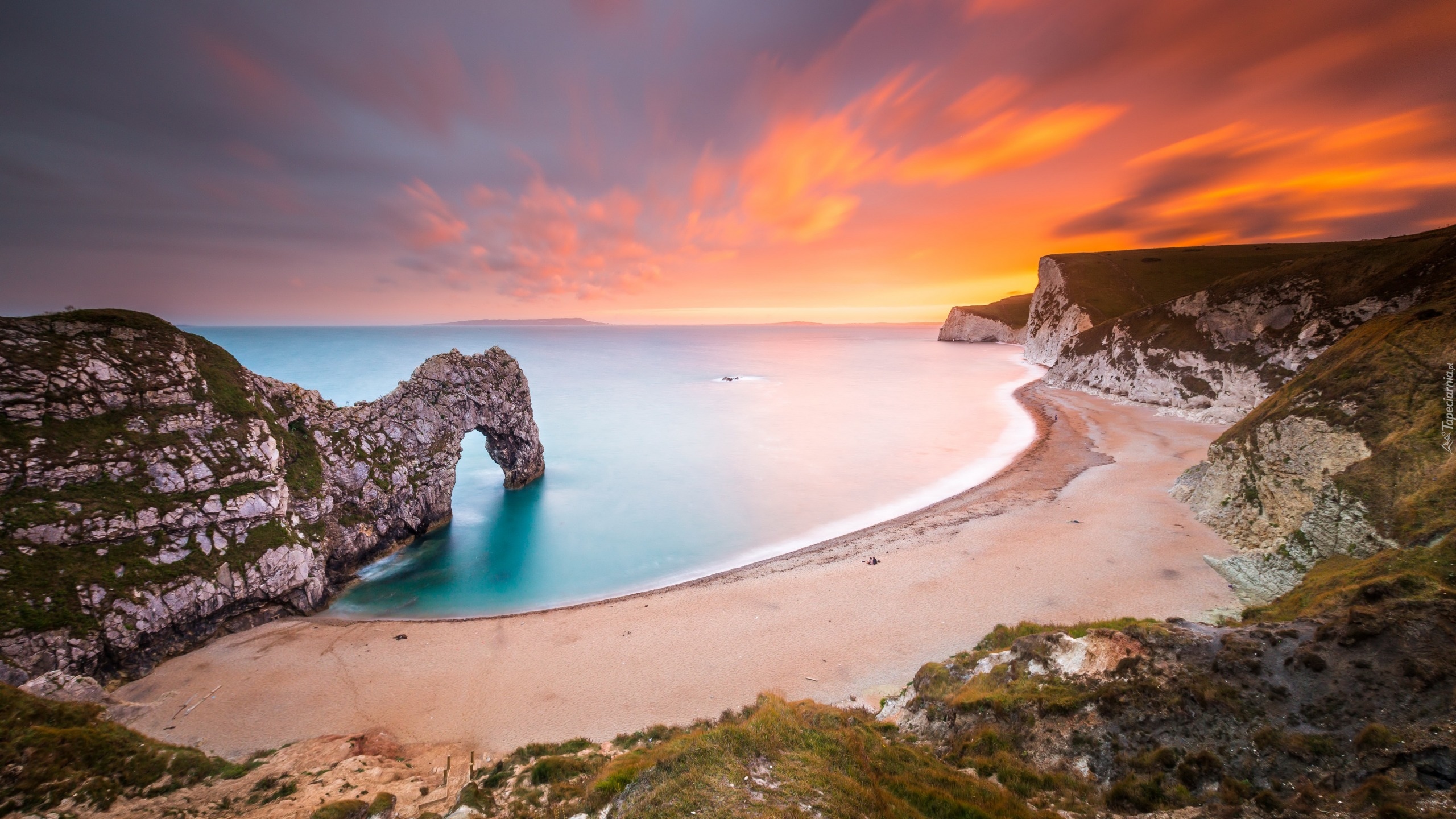 Anglia, Morze, Wybrzeże Jurajskie, Zachód słońca, Skały, Plaża, Łuk wapienny, Durdle Door