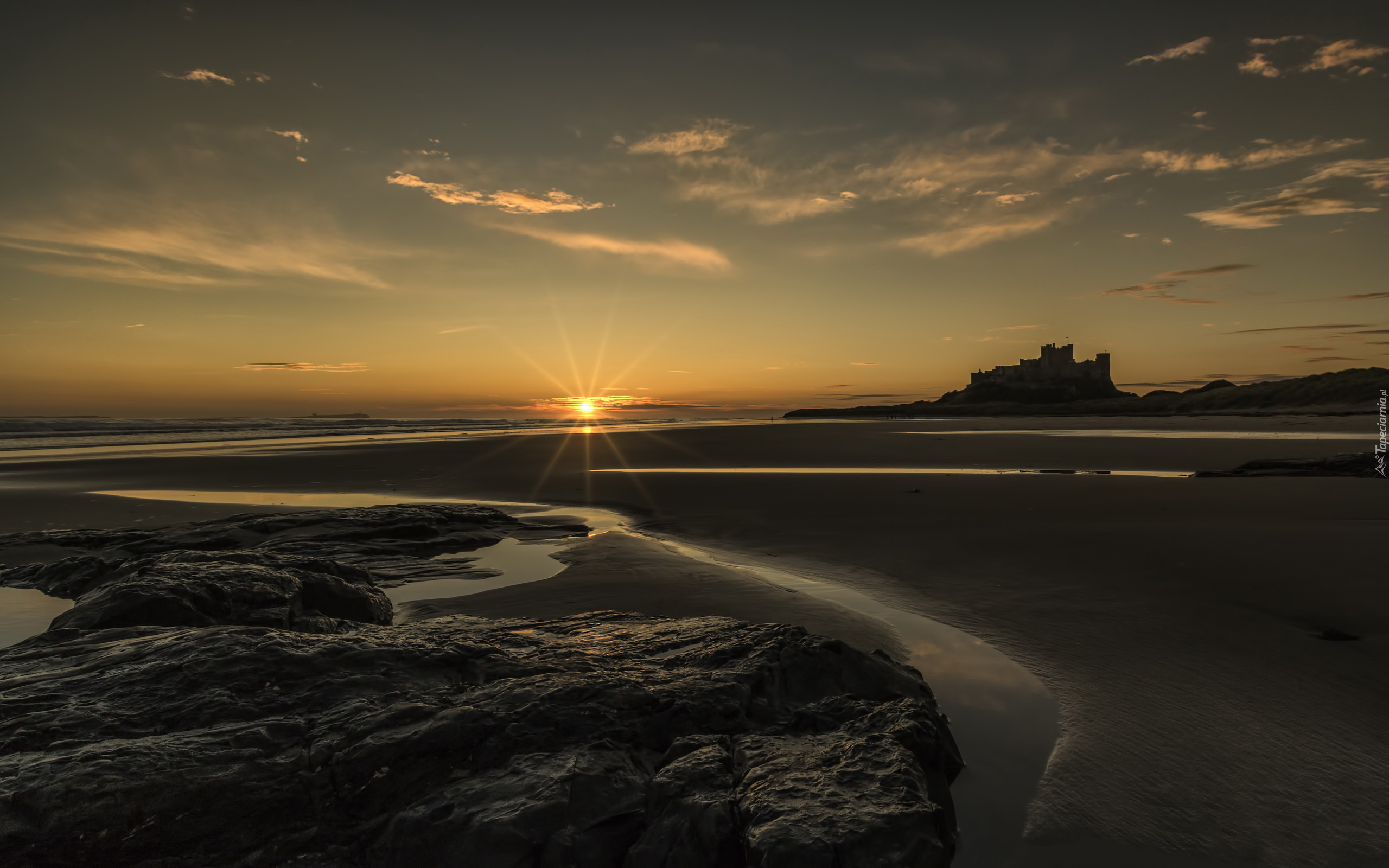 Anglia, Zamek Bamburgh, Plaża, Zachód Słońca, Morze Północne