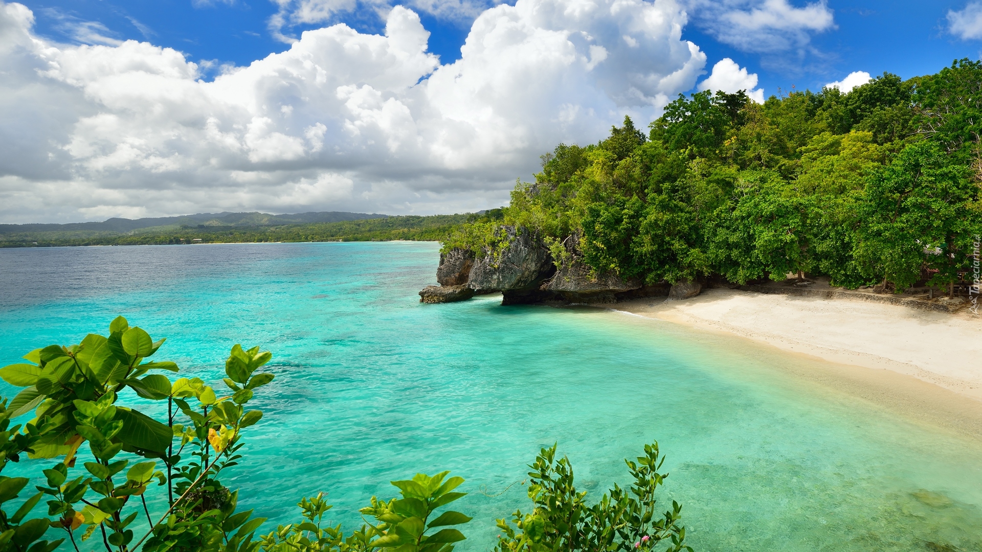 Morze, Plaża, Skały, Drzewa, Roślinność, Chmury, Wyspa Siquijor, Plaża Salagdoong, Filipiny