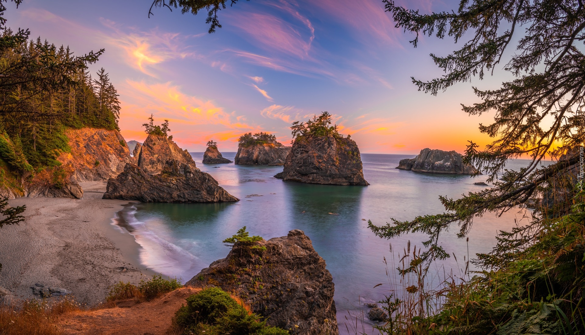 Stany Zjednoczone, Oregon, Plaża, Secret Beach, Morze, Skały, Drzewa, Wybrzeże, Zachód słońca