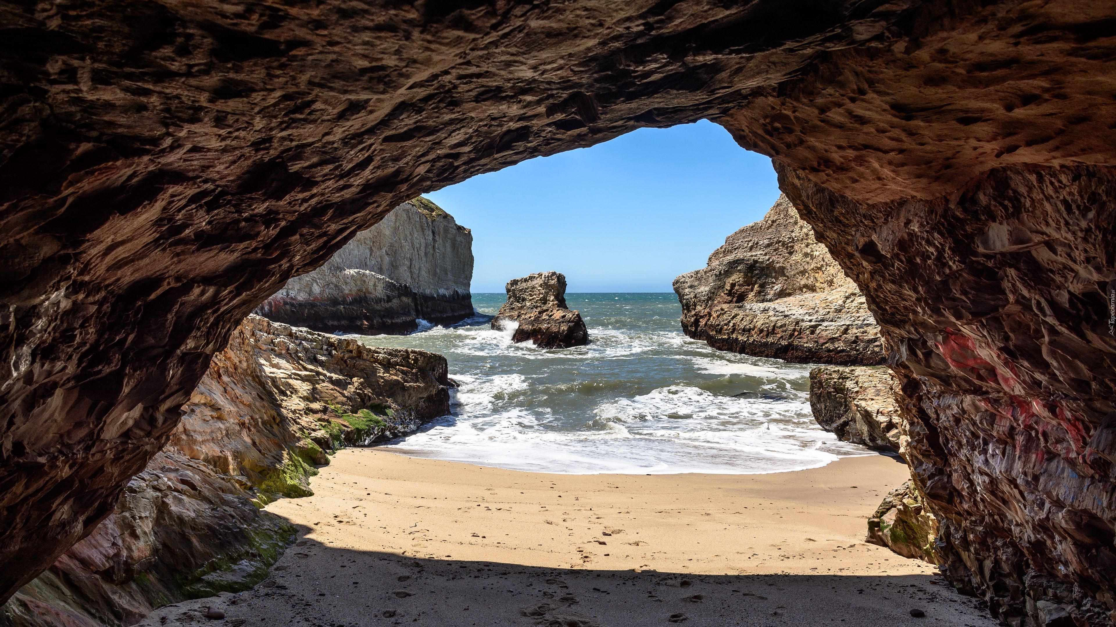 Morze, Skały, Plaża, Shark Fin Cove, Kalifornia, Stany Zjednoczone