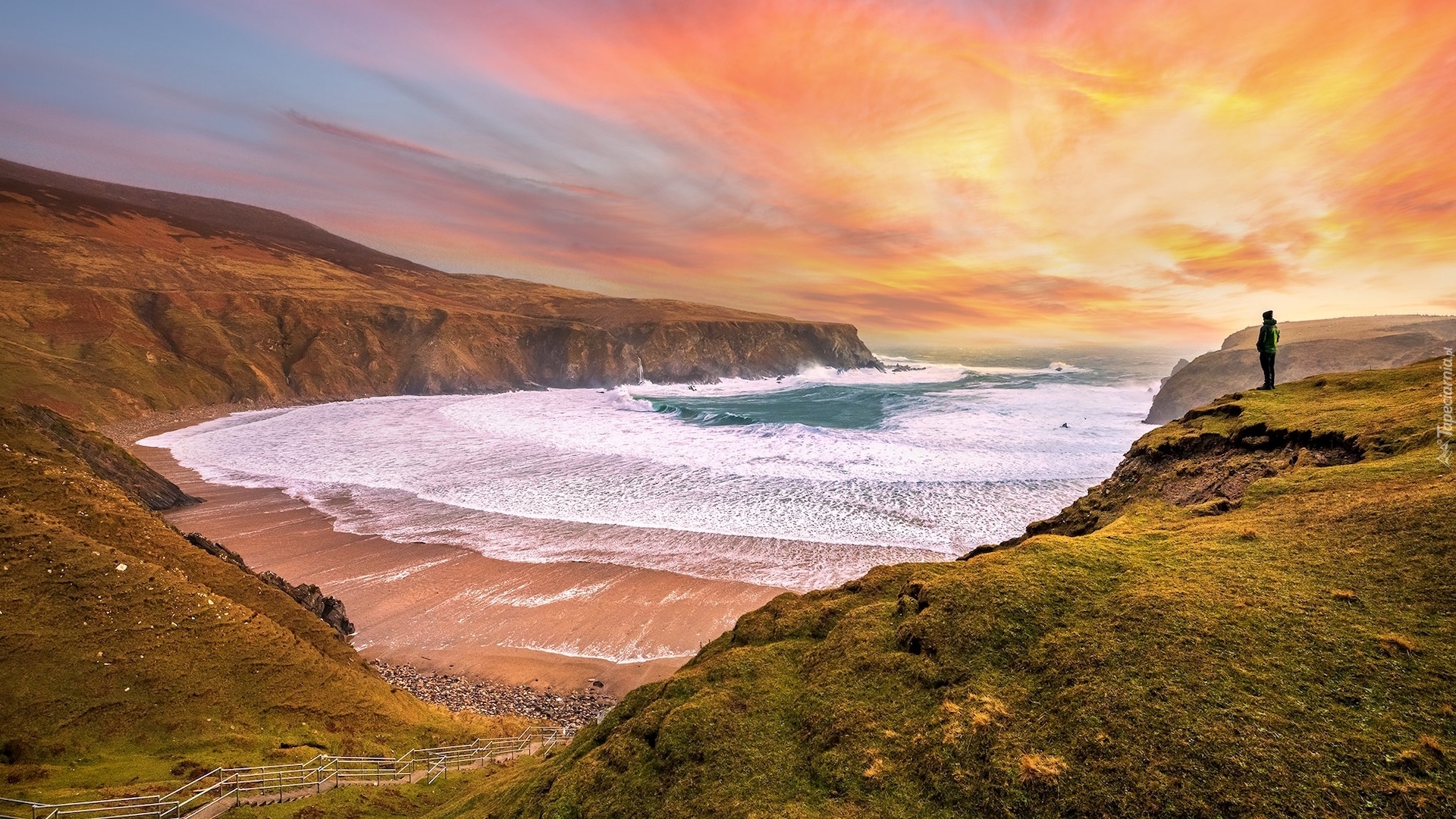 Morze, Wybrzeże, Słoneczny blask, Człowiek, Zatoka, Plaża, Silver Strand Beach, Malin Beg, Hrabstwo Donegal, Irlandia