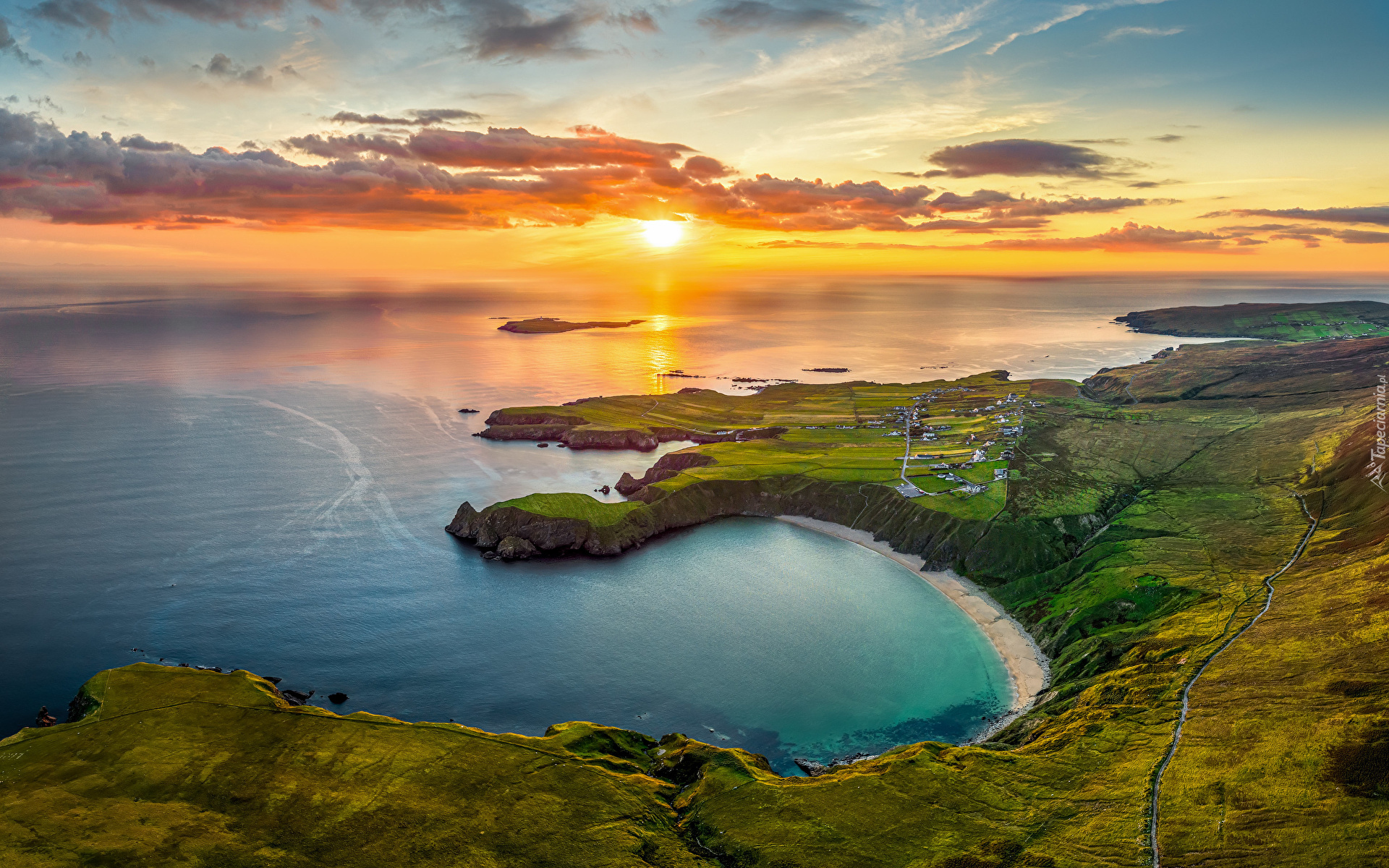 Wybrzeże, Zachód słońca, Morze, Zatoka, Plaża, Silver Strand Horseshoe Beach, Malin Beg, Hrabstwo Donegal, Irlandia