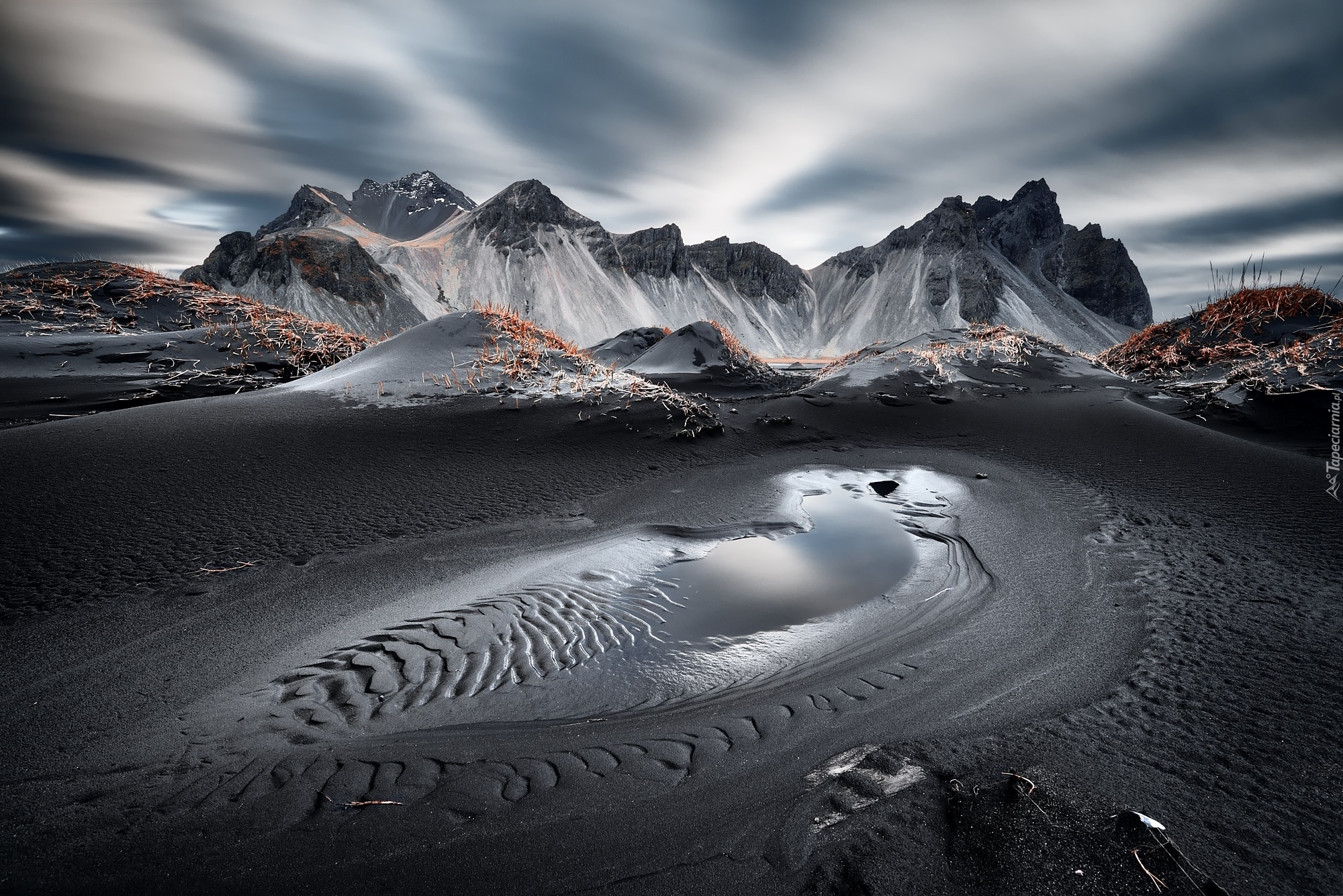 Góra Vestrahorn, Góry, Plaża Stokksnes, Islandia, Ciemny, Piasek