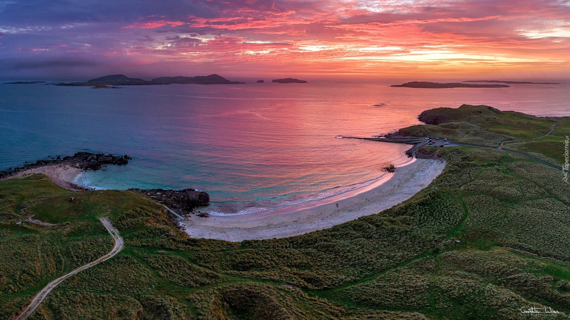 Irlandia, Hrabstwo Donegal, Derrybeg, Morze, Plaża, Tra Dhearg Beach, Zachód słońca
