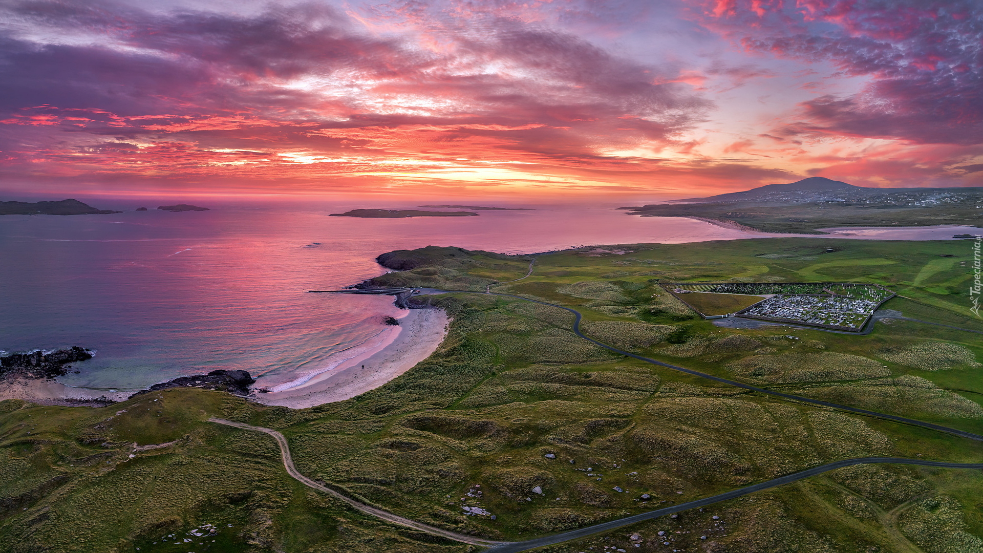 Wybrzeże, Morze, Plaża, Tra Dhearg Beach, Zachód słońca, Chmury, Hrabstwo Donegal, Irlandia