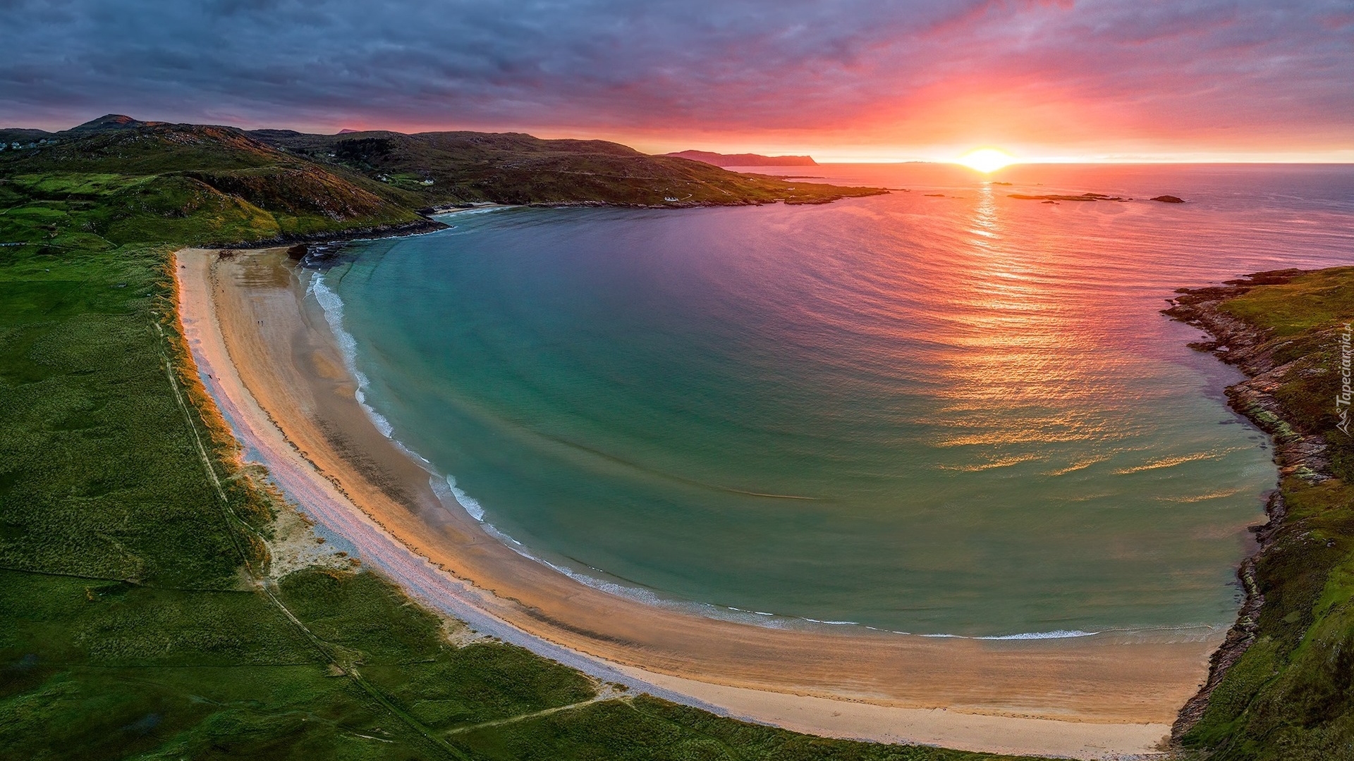 Morze, Wybrzeże, Plaża, Tra Na Rosann Beach, Skały, Roślinność, Zachód słońca, Półwysep Rosguill, Hrabstwo Donegal, Irlandia