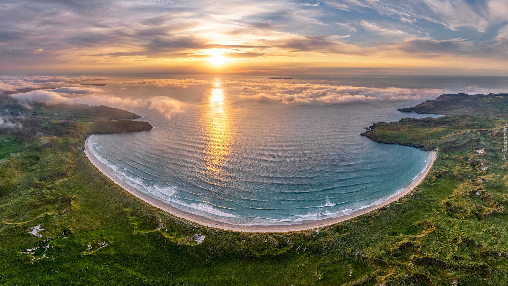 Irlandia, Hrabstwo Donegal, Morze, Plaża, Tramore Beach, Przylądek Horn Head Peninsula, Zachód słońca