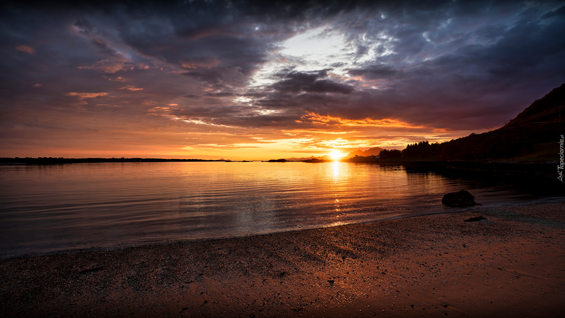 Wybrzeże, Morze, Plaża, Wschód słońca, Chmury