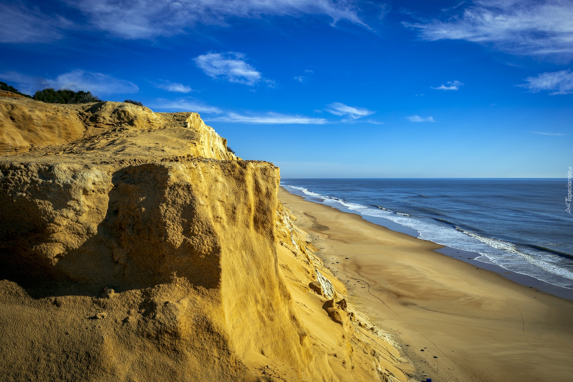 Hiszpania, Andaluzja, Huelvia, Wybrzeże, Klif, Plaża, Ocean, Niebo