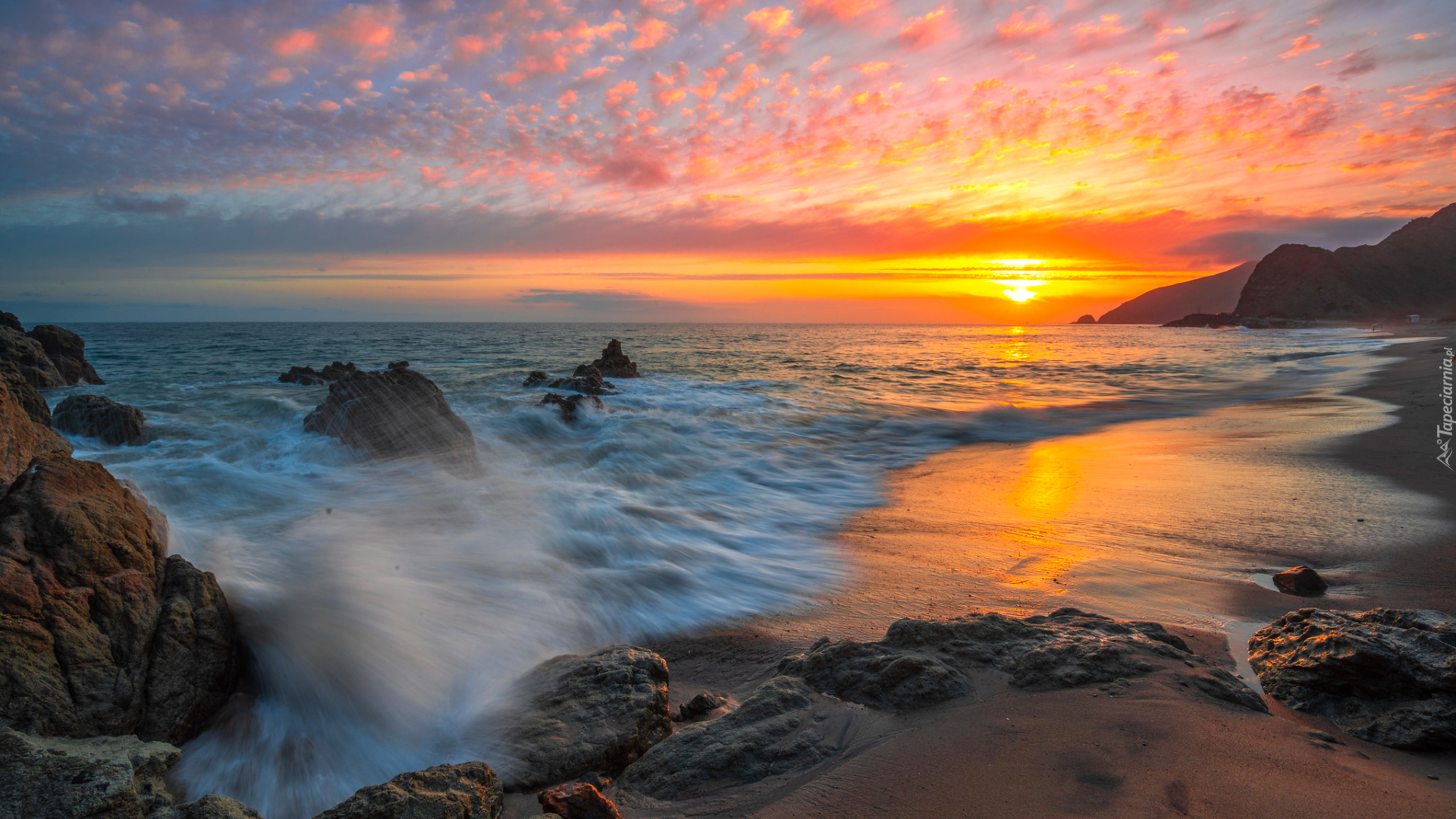 Morze, Skały, Zachód słońca, Plaża, Wybrzeże, Hrabstwo Mugu, Malibu, Kalifornia, Stany Zjednoczone