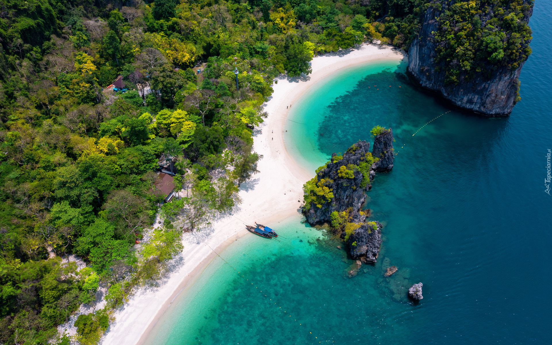 Z lotu ptaka, Wyspa Ko Hong, Plaża, Skały, Morze, Drzewa, Prowincja Krabi, Tajlandia