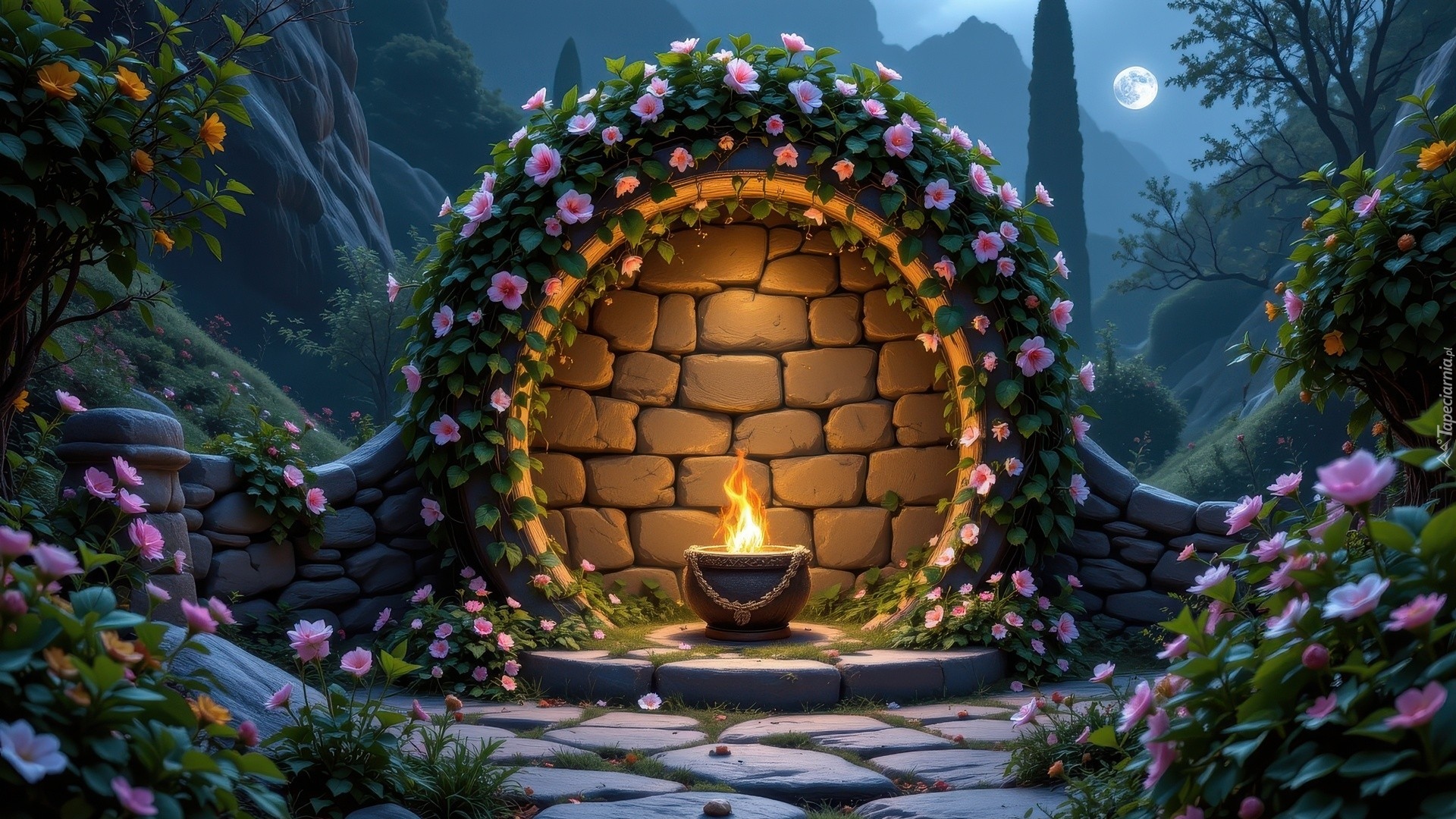 Murowana, Tablica, Znicz, Kolorowe, Kwiaty, Księżyc Budowla