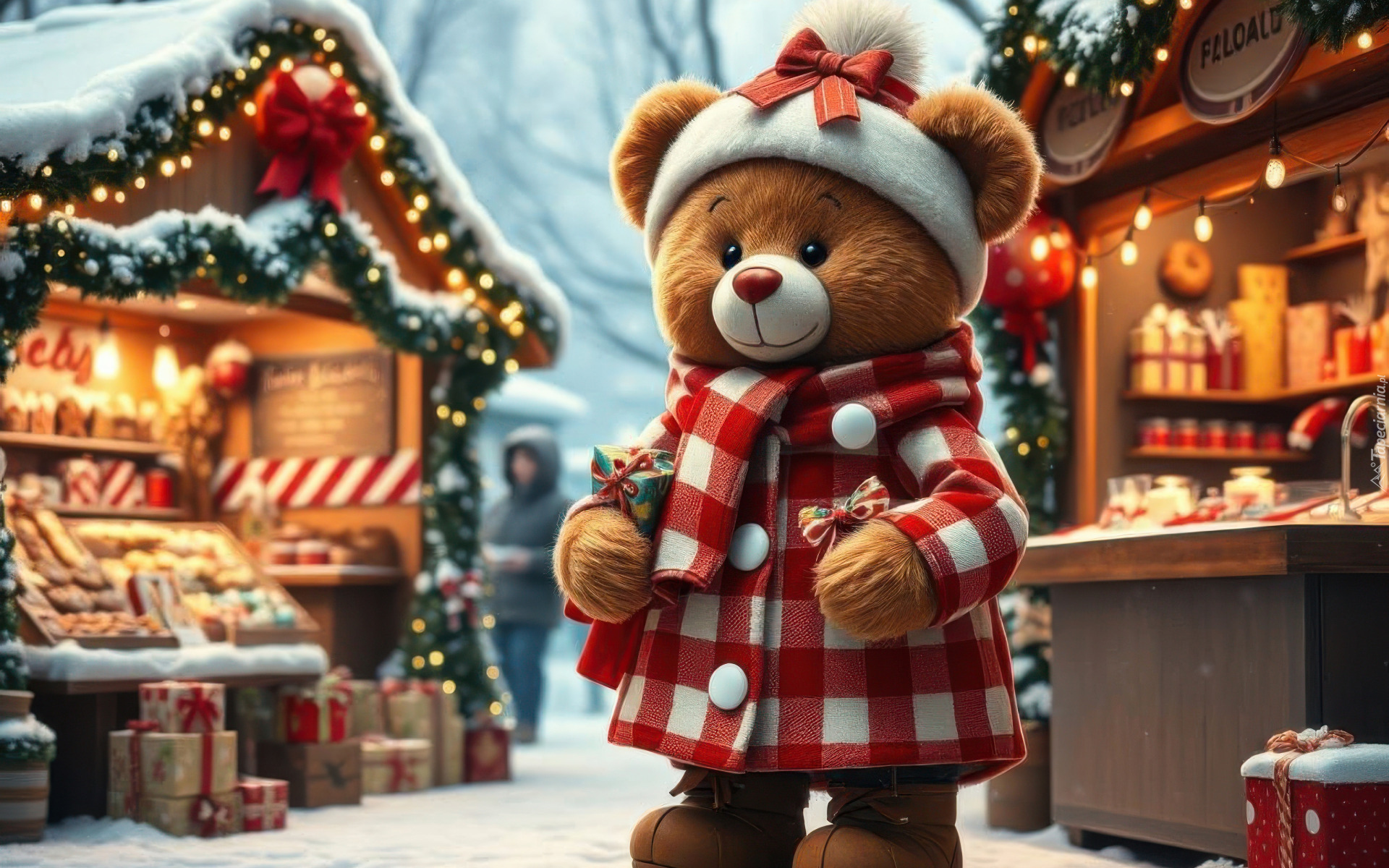 Miś, Pluszowy, Czapka, Płaszczyk, Jarmark, Świąteczny, AI