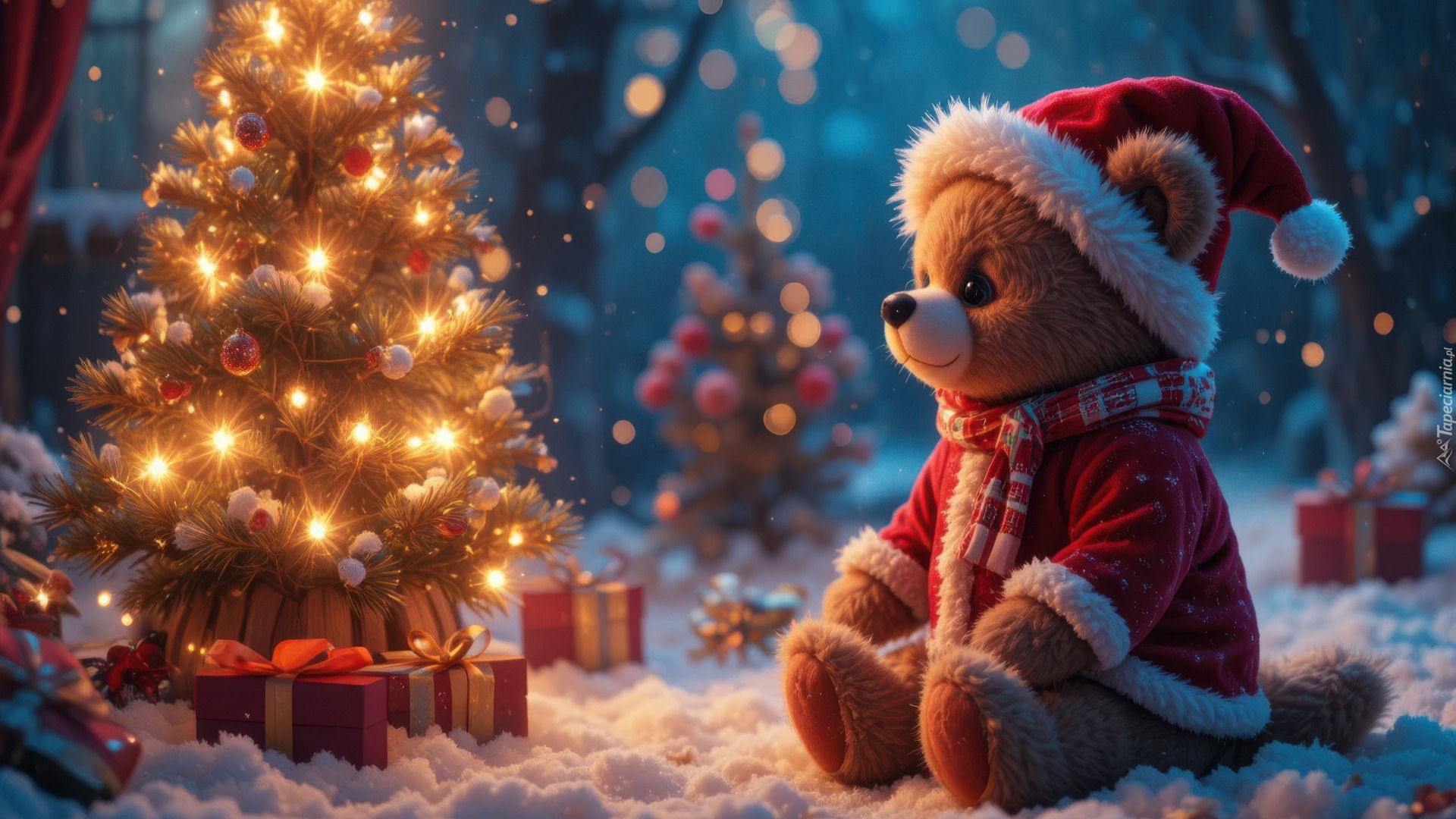 Boże Narodzenie, Choinka, Miś pluszowy, Czapka, Śnieg, Prezenty
