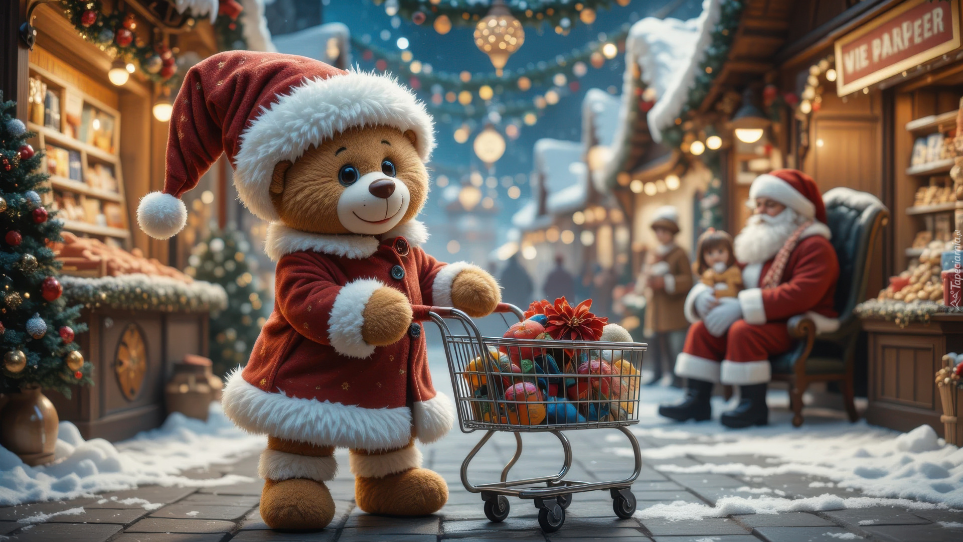 Świąteczne, Zabawki, Pluszowy, Miś, Czapka, Wózek, Prezenty, Jarmark