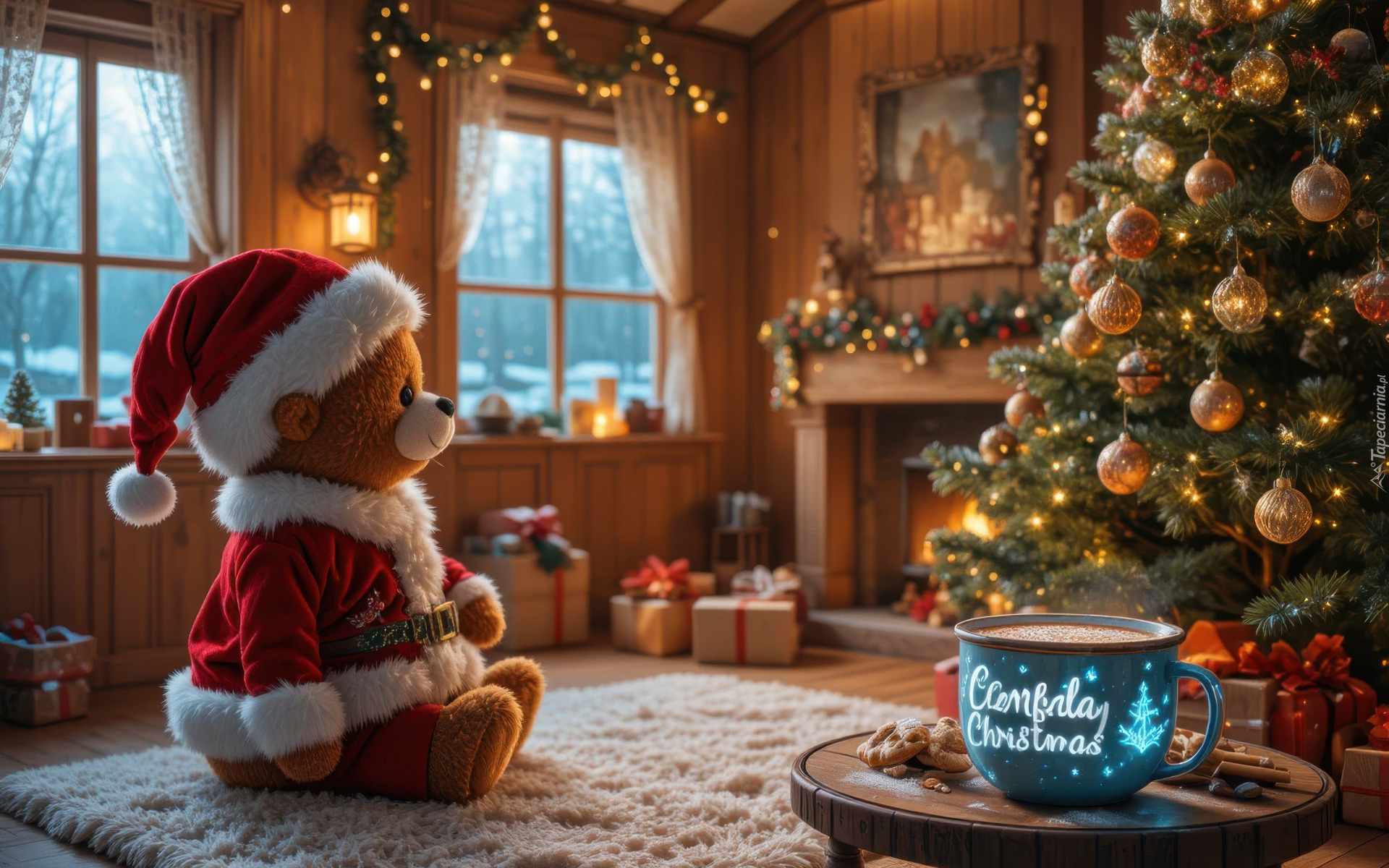 Boże Narodzenie, Pluszowy miś, Czapka, Płaszczyk, Udekorowana, Choinka, Prezenty, Filiżanka, Stolik, Kominek, Okna, AI