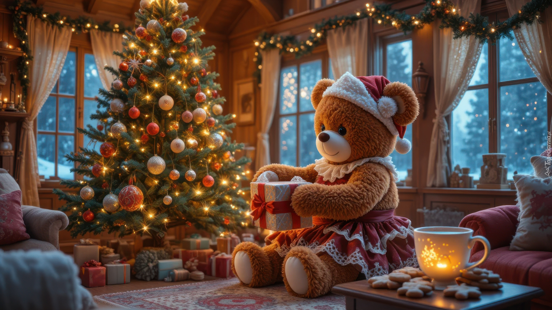 Boże Narodzenie, Choinka, Miś pluszowy, Prezent, Filiżanka, Okna, Dekoracje, AI