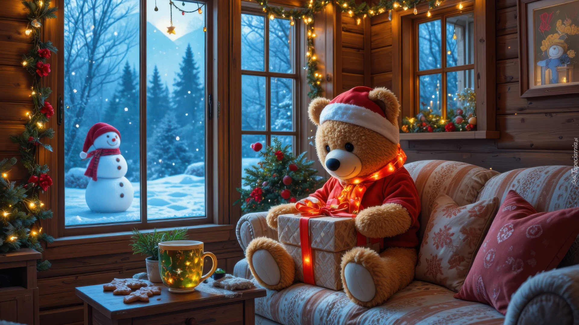Świąteczne, Kanapa, Miś pluszowy, Prezent, Okno, Zima, Bałwanek