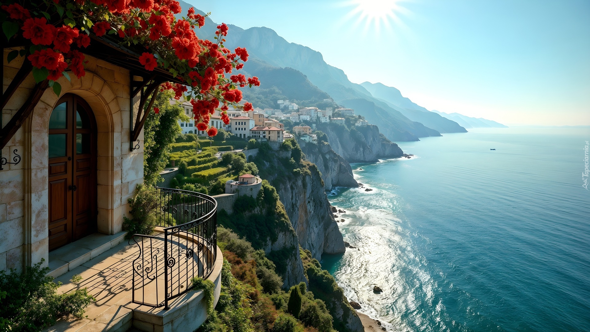 Morze, Wybrzeże, Klify, Skały, Domy, Balkon, Kwiaty, AI