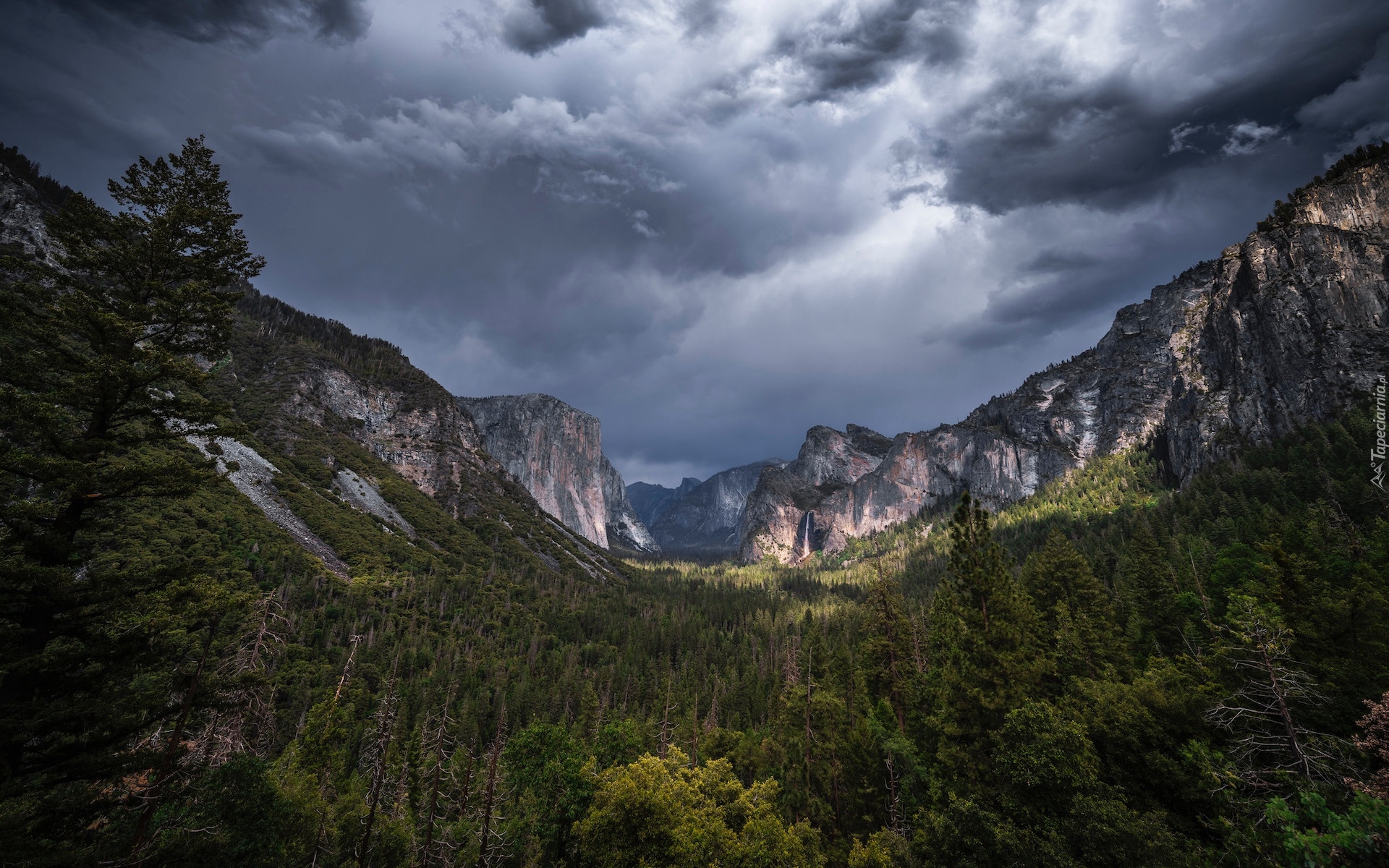 Stany Zjednoczone, Kalifornia, Park Narodowy Yosemite, Góry, Skały, Zachmurzone, Niebo, Drzewa