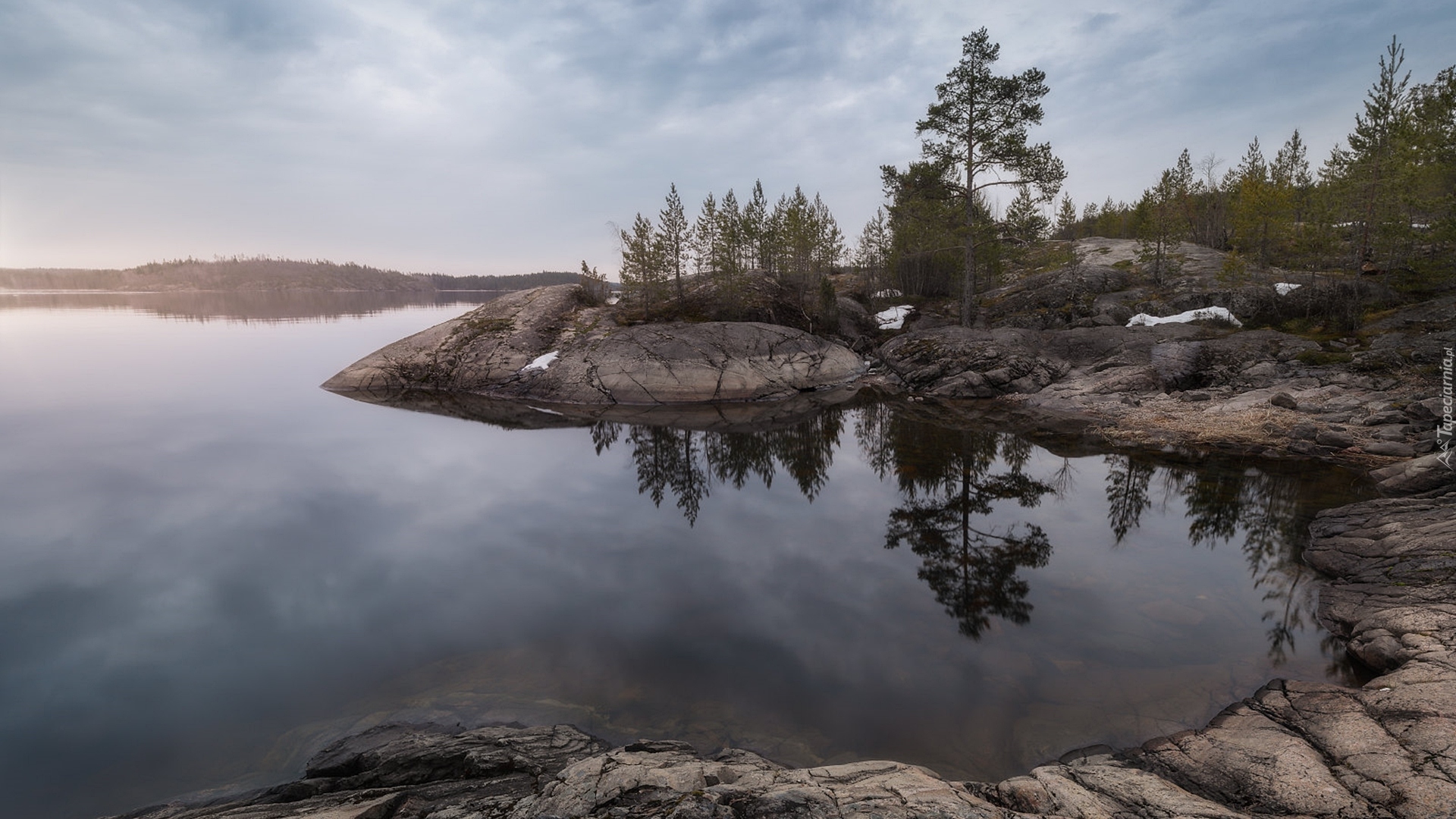 Jezioro Ładoga, Drzewa, Skały, Karelia, Rosja