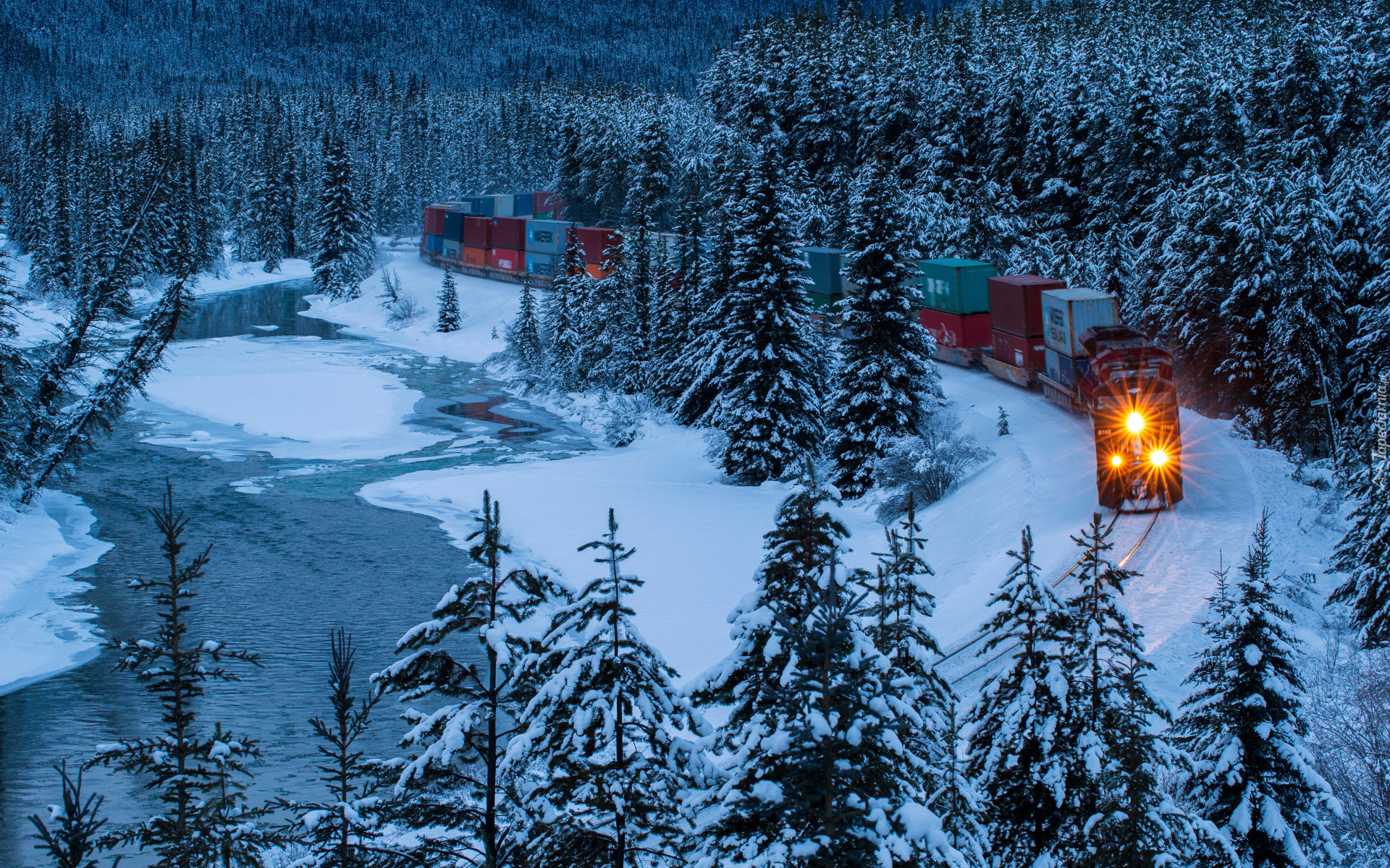 Zima, Las, Śnieg, Rzeka, Bow River, Pociąg, Świerk, Pociąg, Kanada, Alberta, Park Narodowy Banff